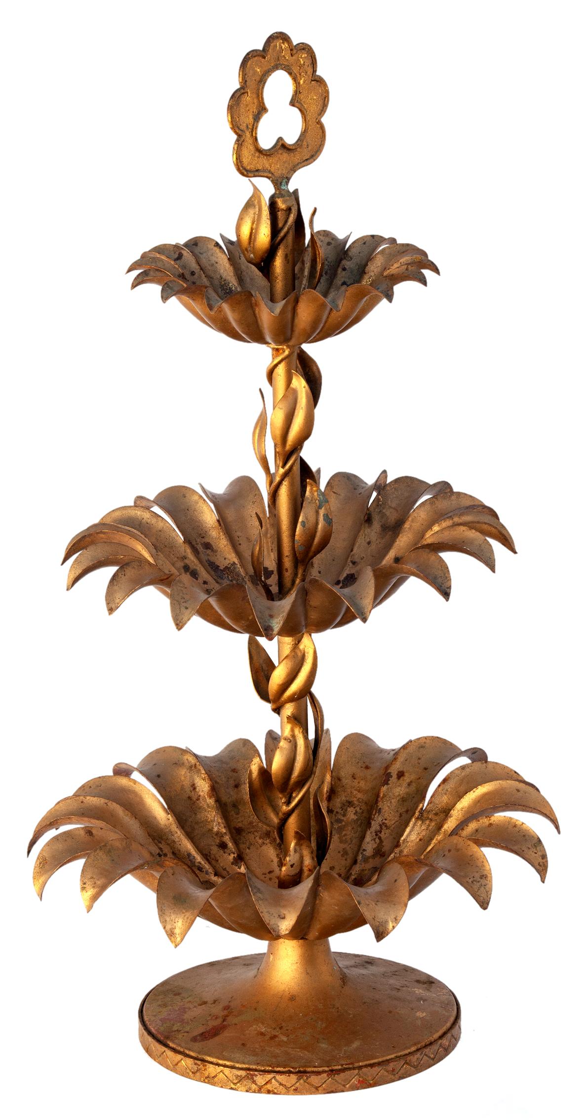 Hollywood Regency style gilt three tier stand. 
Fill with fruits, flowers, shells or whatever. 
A stunning piece on its alone with its own rich organic form.
The branch & leaves wraparound the stem with twisted rope wrapped in vines.
The three