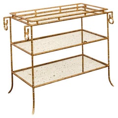 Vintage Hollywood Regency Tiered Gilt Iron Faux Bamboo Bar Cart