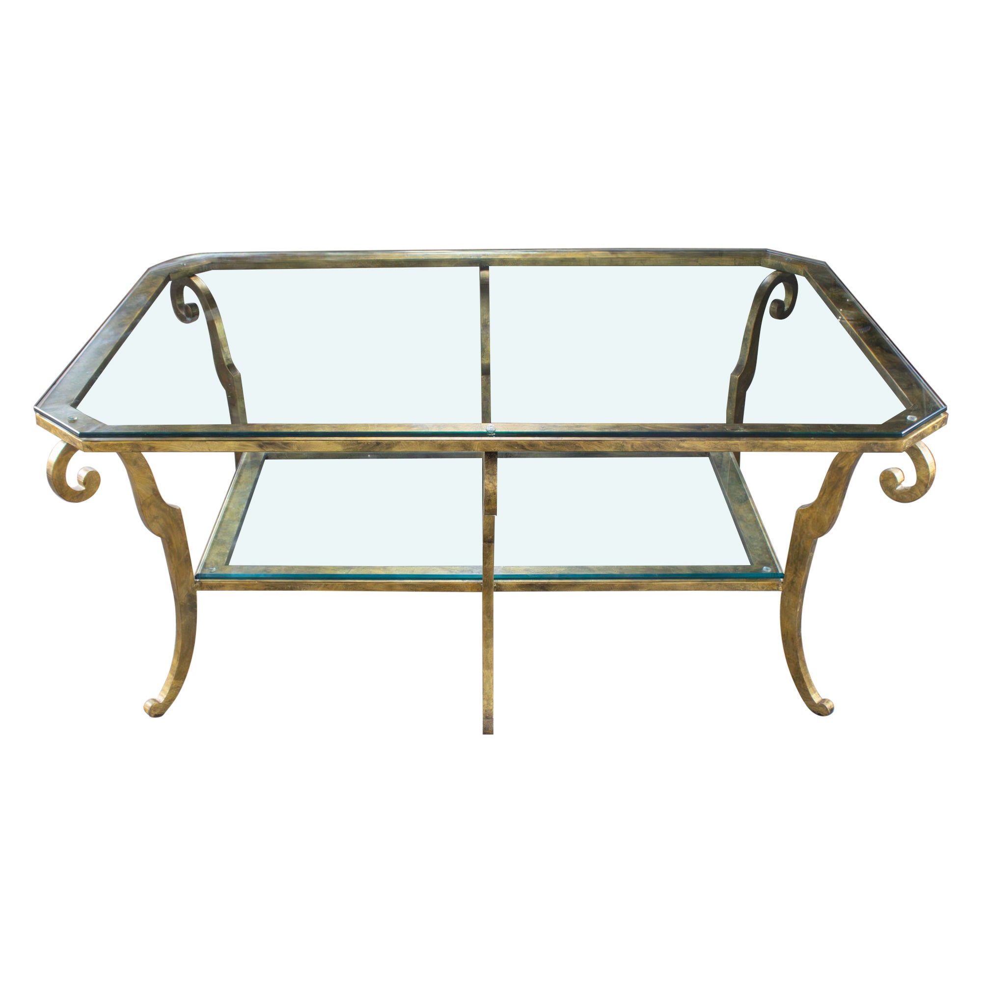 Table basse monumentale en acier doré de style régence hollywoodienne à néoclassique en vente