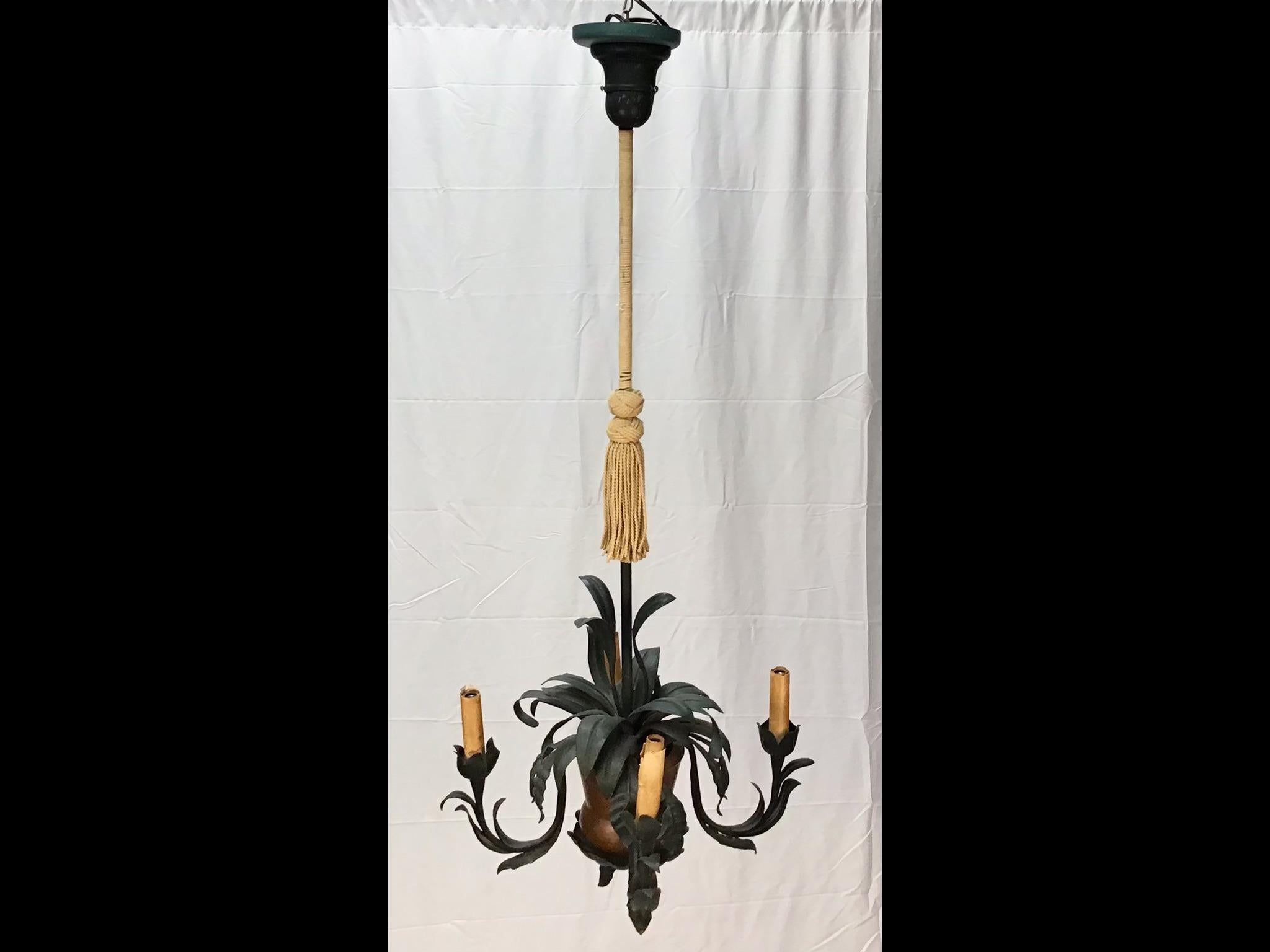 Hollywood Regency Tole and Copper Palm Tree Chandelier For Sale 1