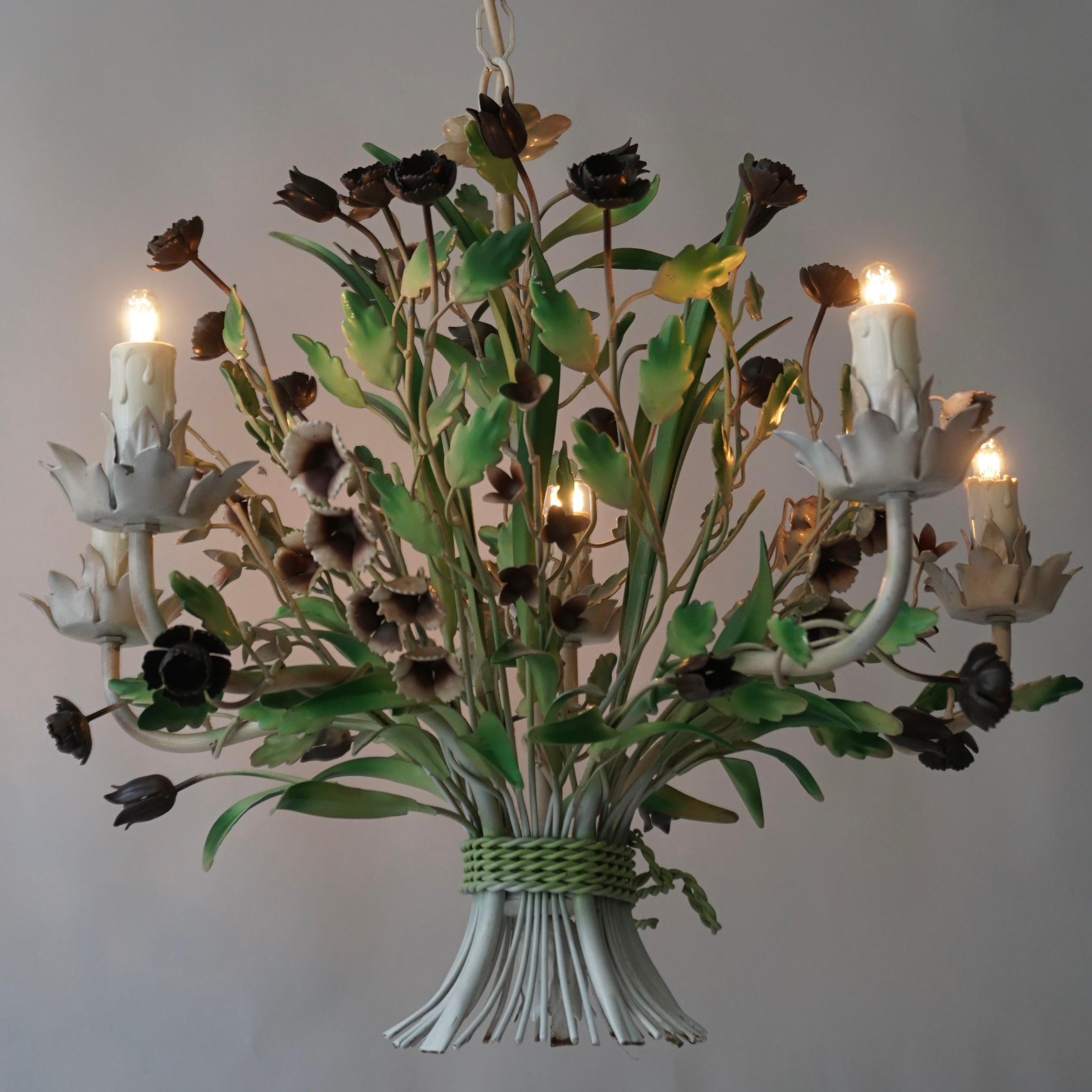 Italian Hollywood Regency Tole Flower Bouquet Chandelier For Sale