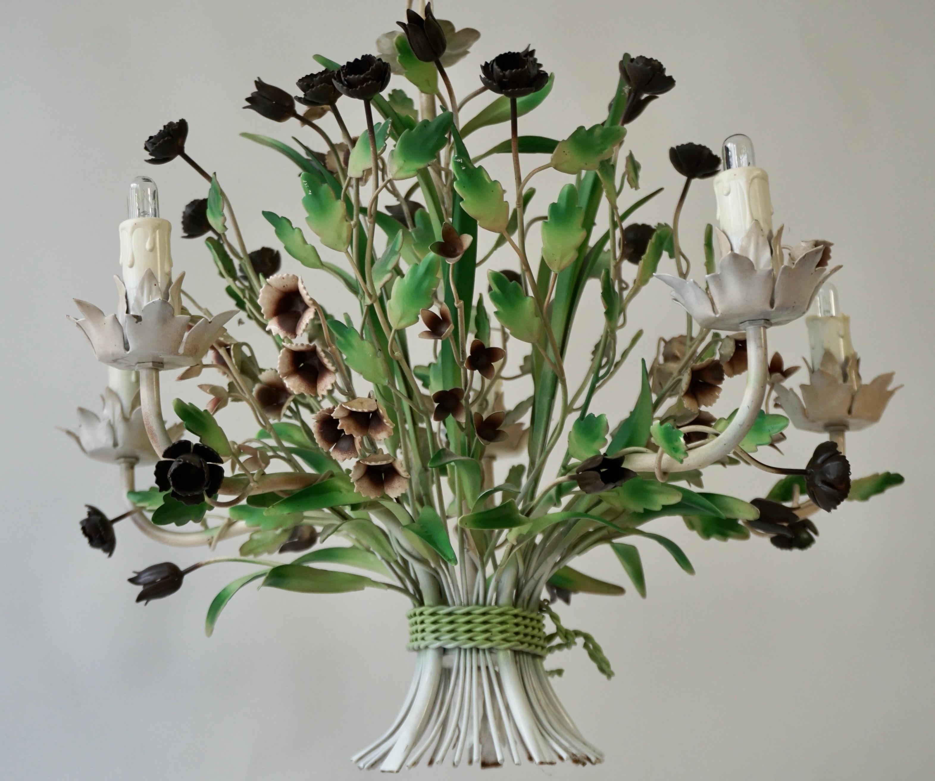 Painted Hollywood Regency Tole Flower Bouquet Chandelier For Sale