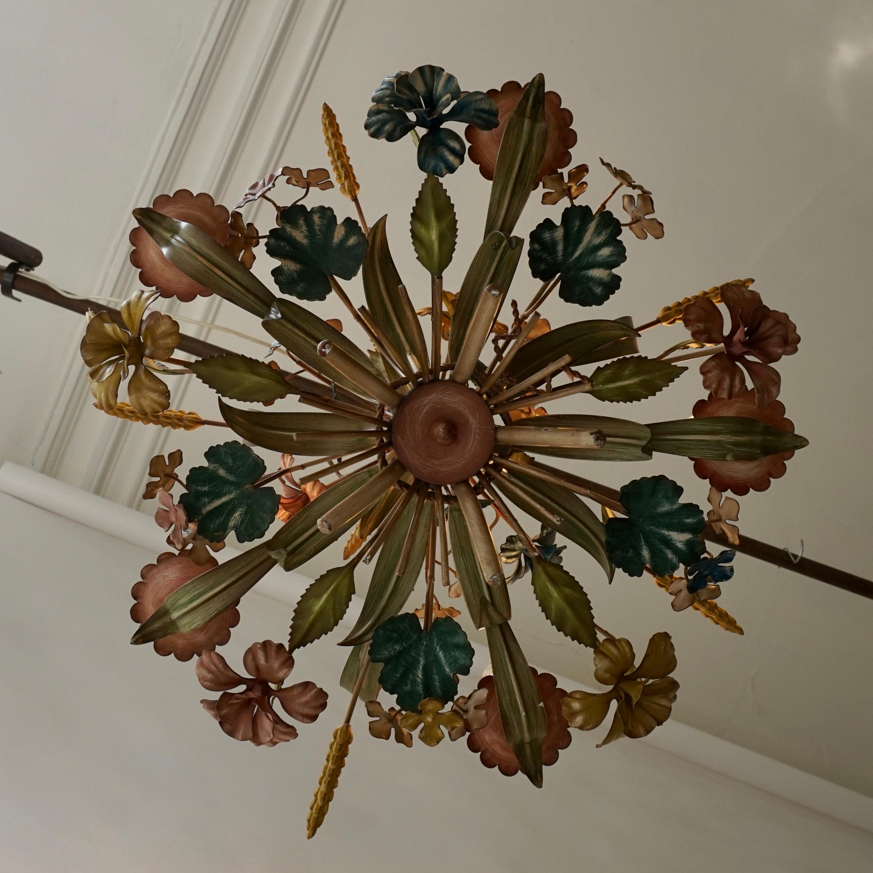 Painted Hollywood Regency Tole Flower Chandelier For Sale