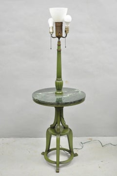 Hollywood Regency Tommi Parzinger Style Green Marble End Table Floor Lamp - Pair