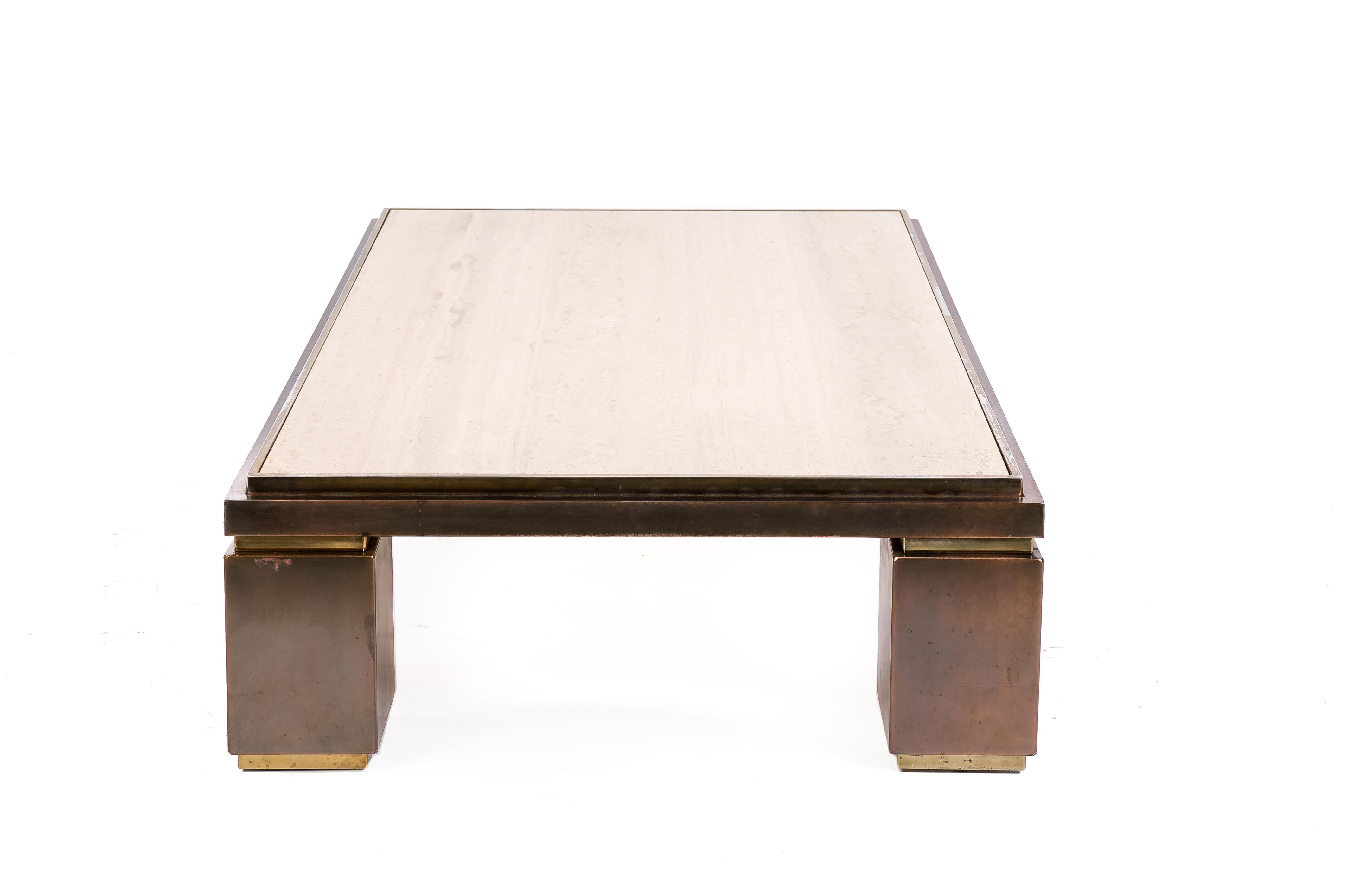 Belgian Hollywood Regency Travertine and Brass Coffee Table by Belgo Chrome, 1970s For Sale