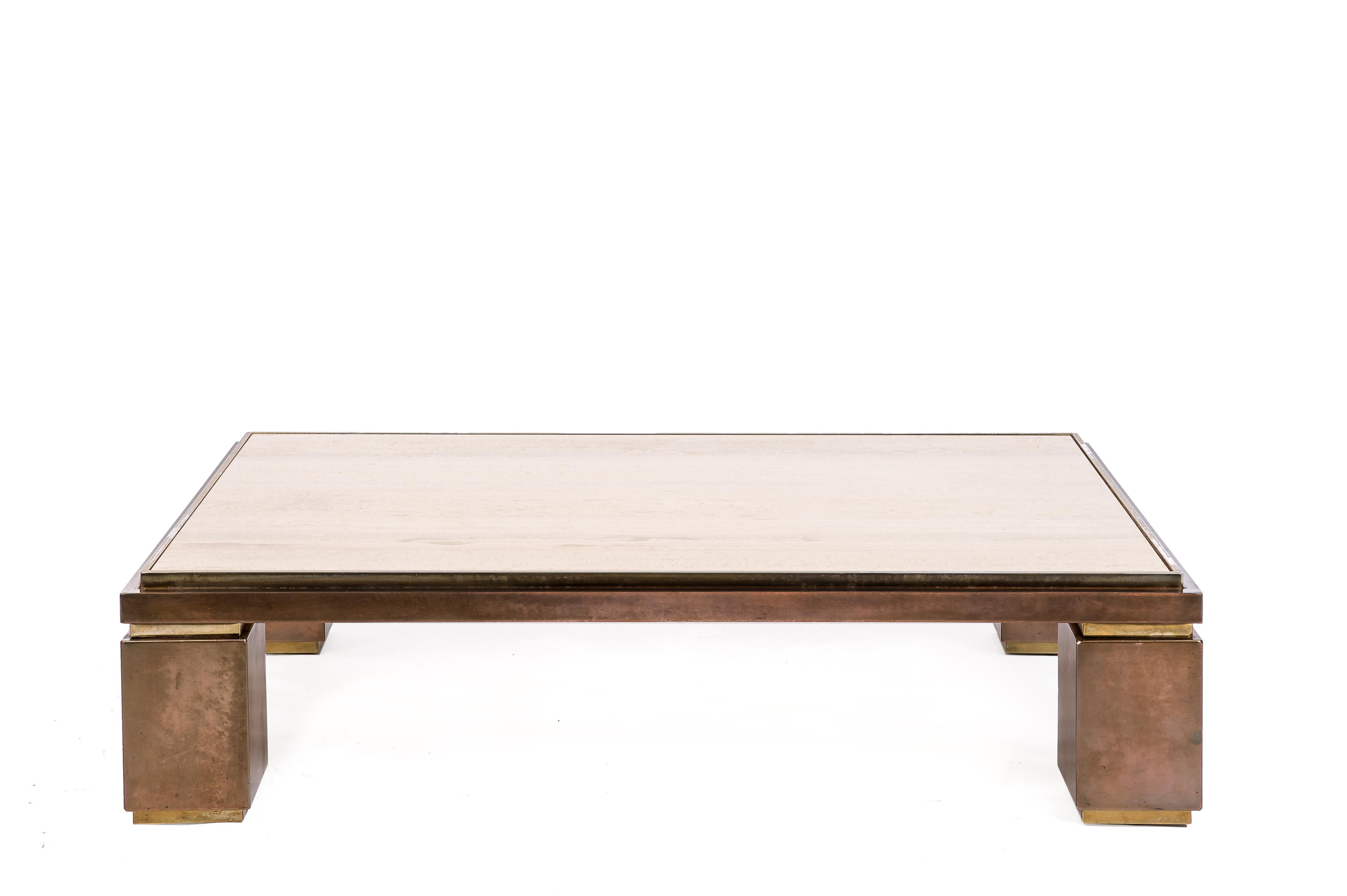Gilt Hollywood Regency Travertine and Brass Coffee Table by Belgo Chrome, 1970s For Sale