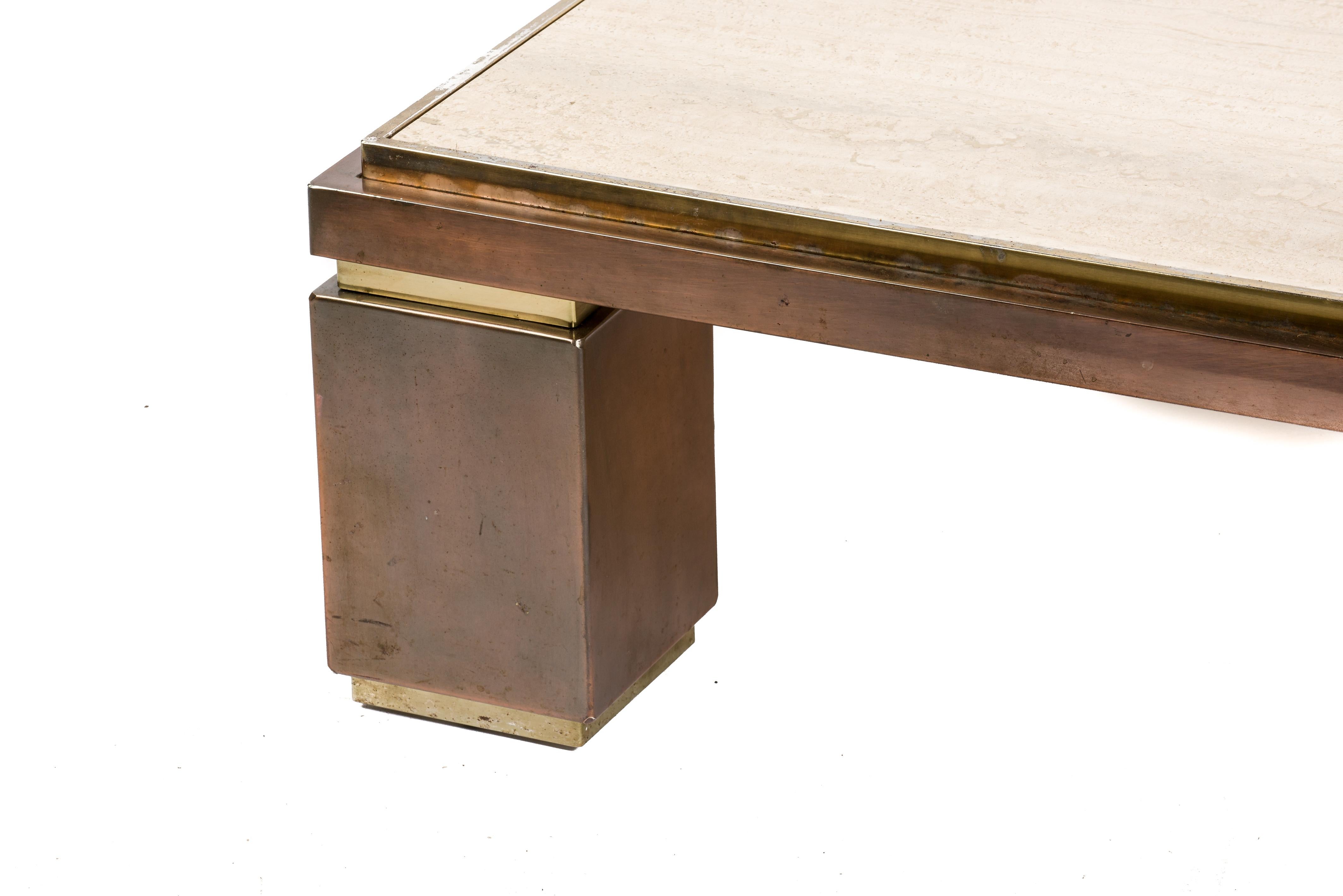 Hollywood Regency Travertine and Brass Coffee Table by Belgo Chrome, 1970s For Sale 2