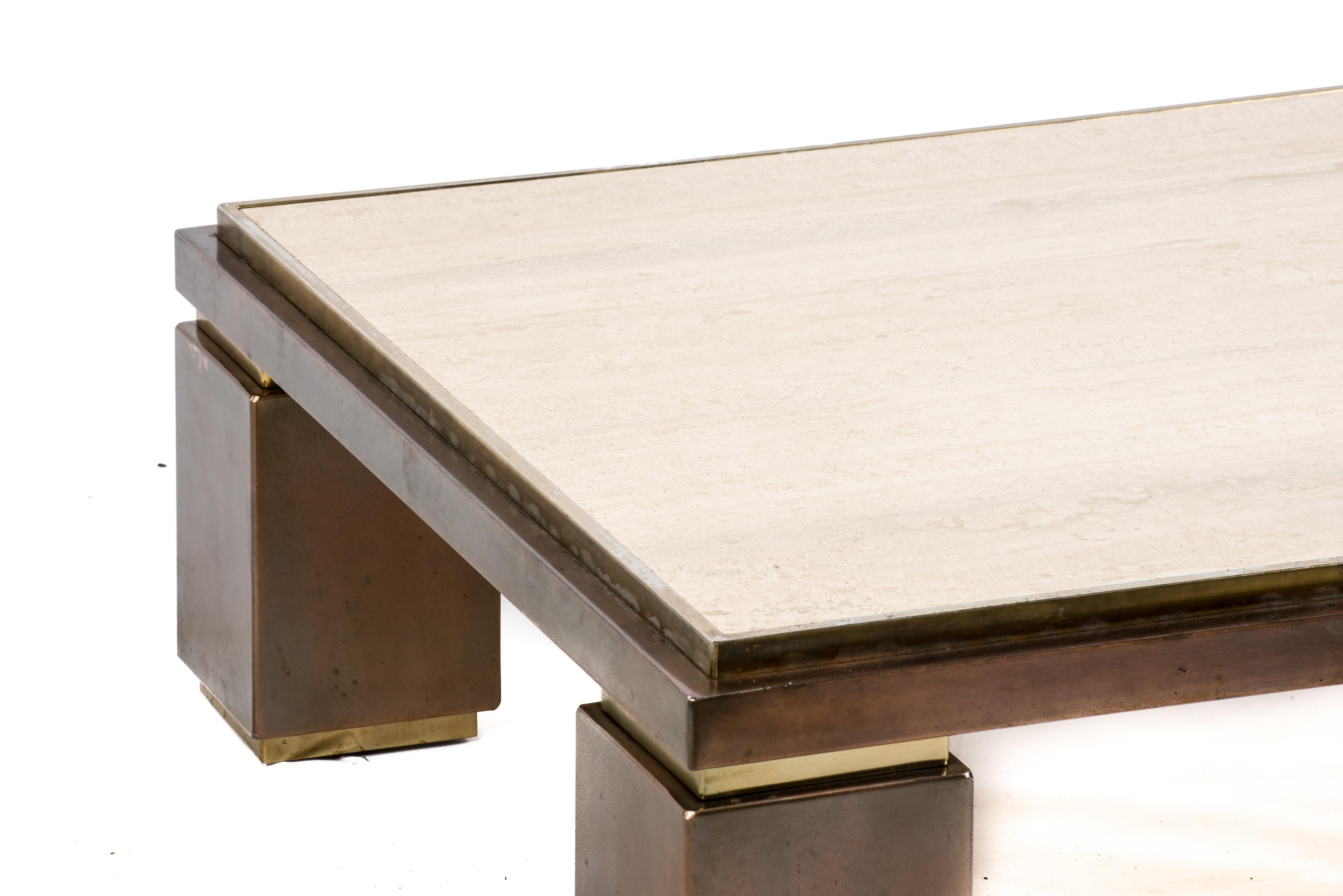 Hollywood Regency Travertine and Brass Coffee Table by Belgo Chrome, 1970s For Sale 3