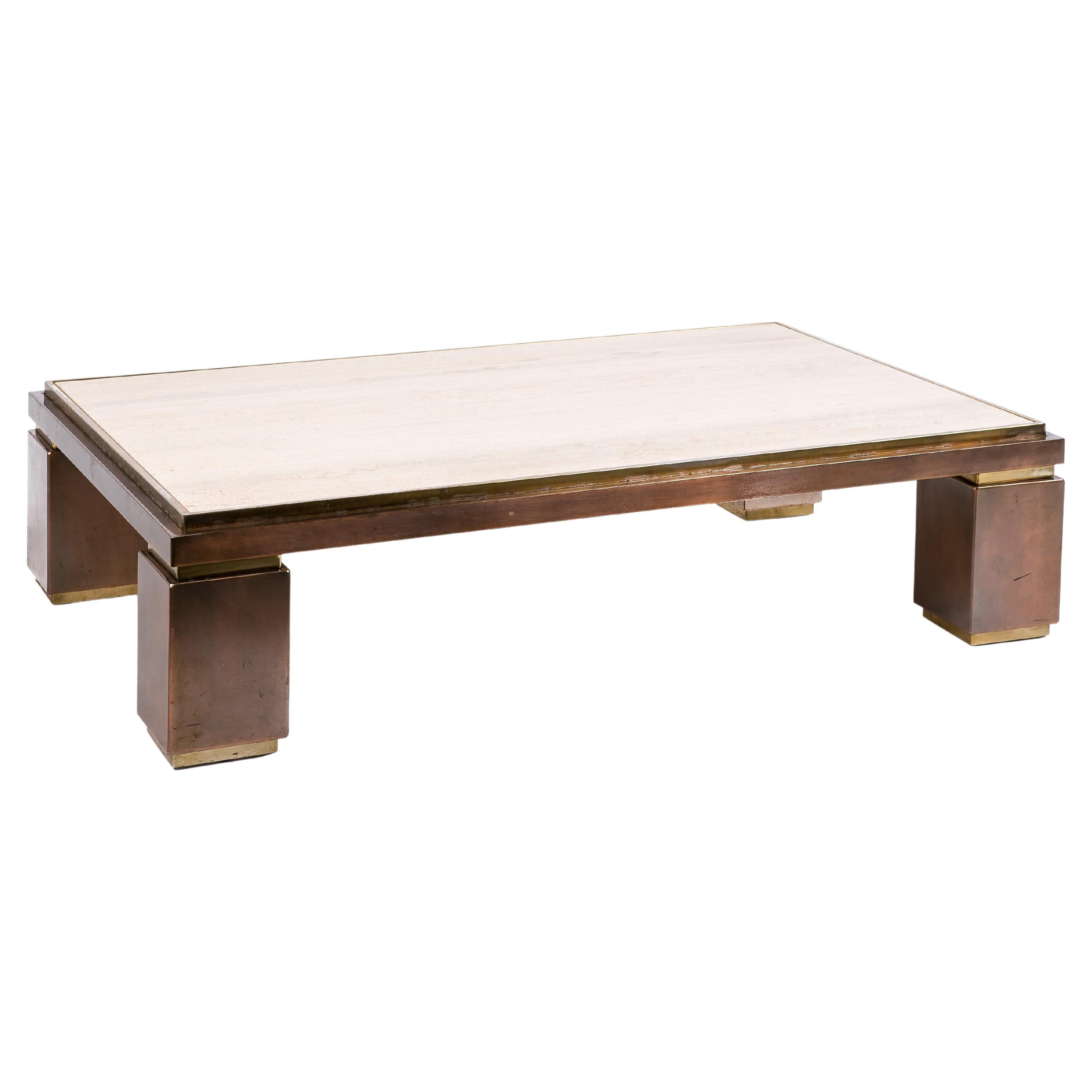 Hollywood Regency Travertine and Brass Coffee Table by Belgo Chrome, 1970s For Sale