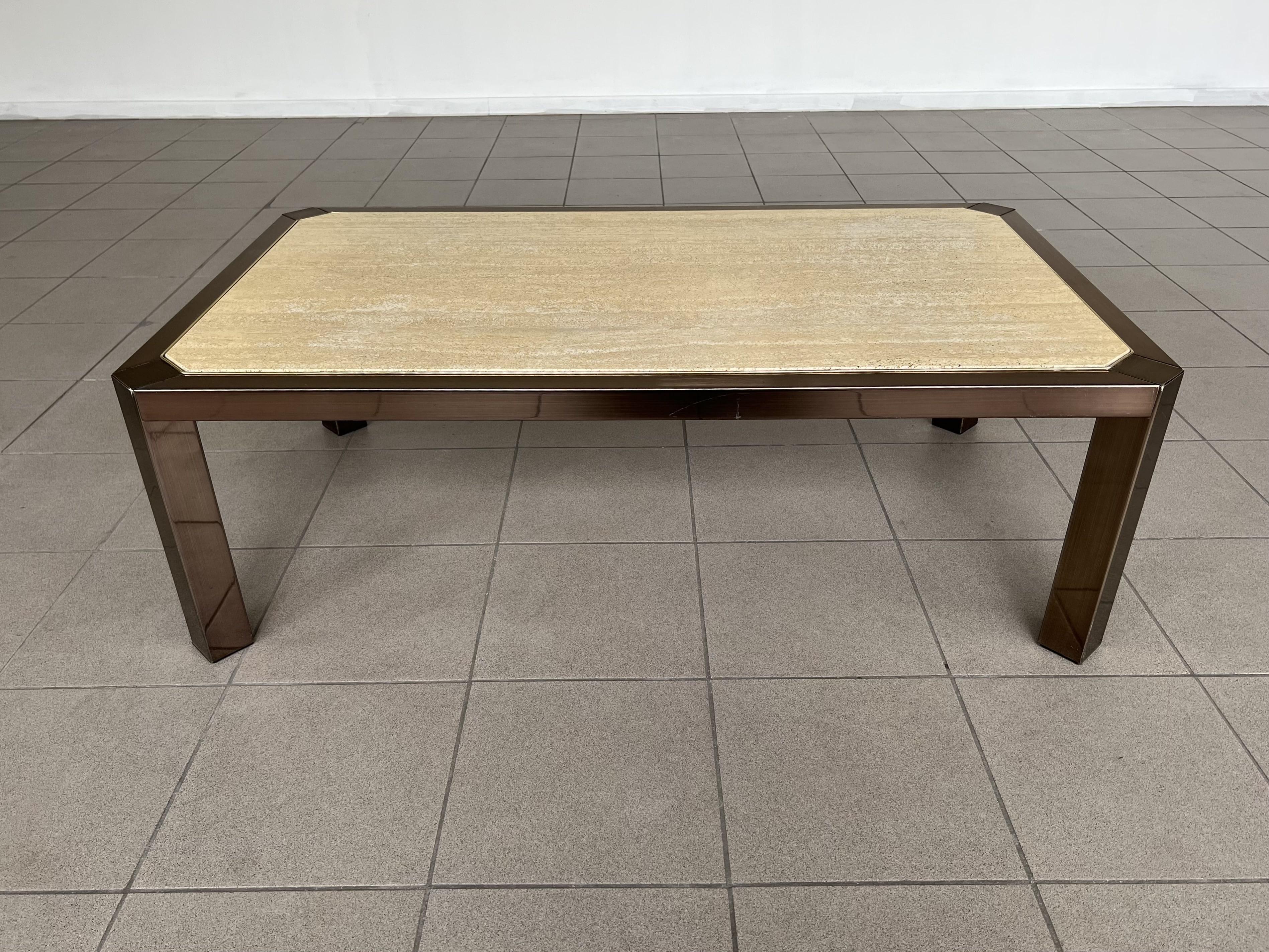 Hollywood Regency Travertine and Metal Coffee Table by Fedam For Sale