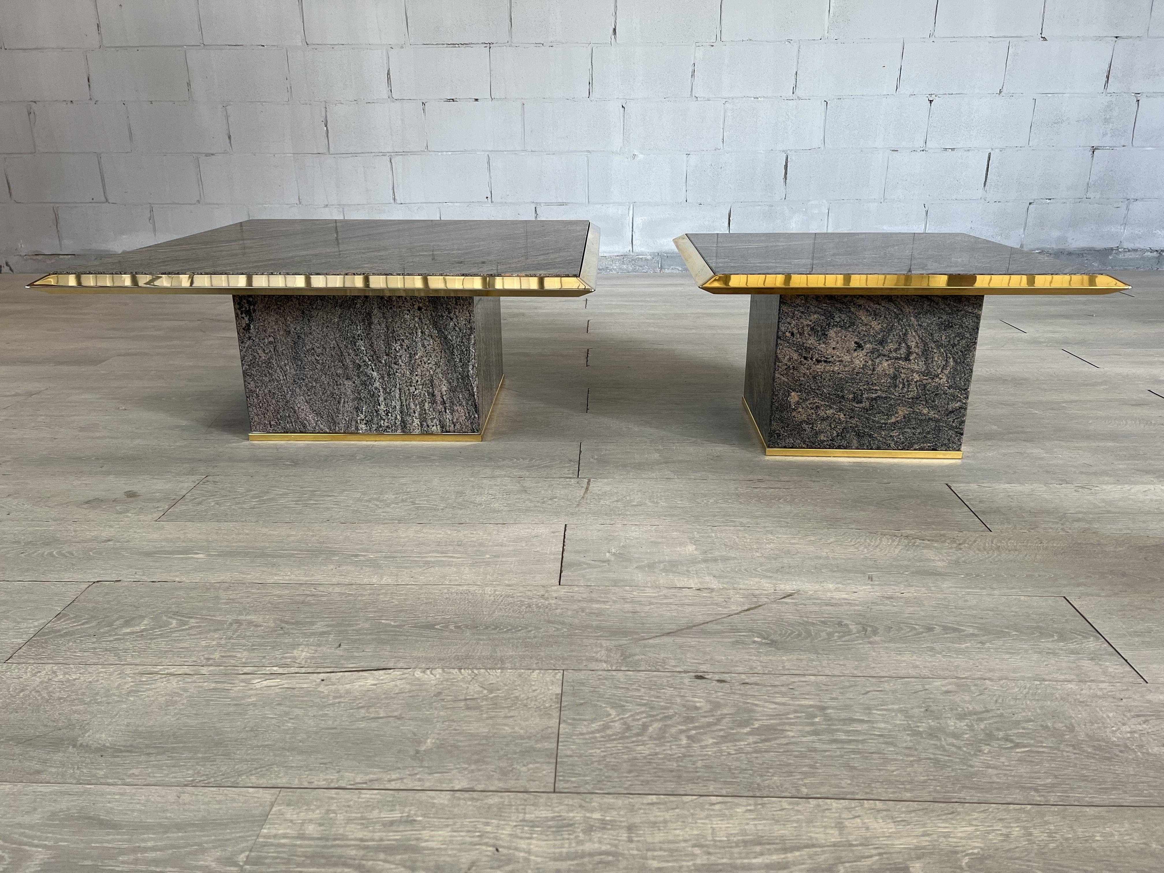 Belgian Hollywood Regency Travertine and Metal Coffee Tables by Fedam Design - a Pair