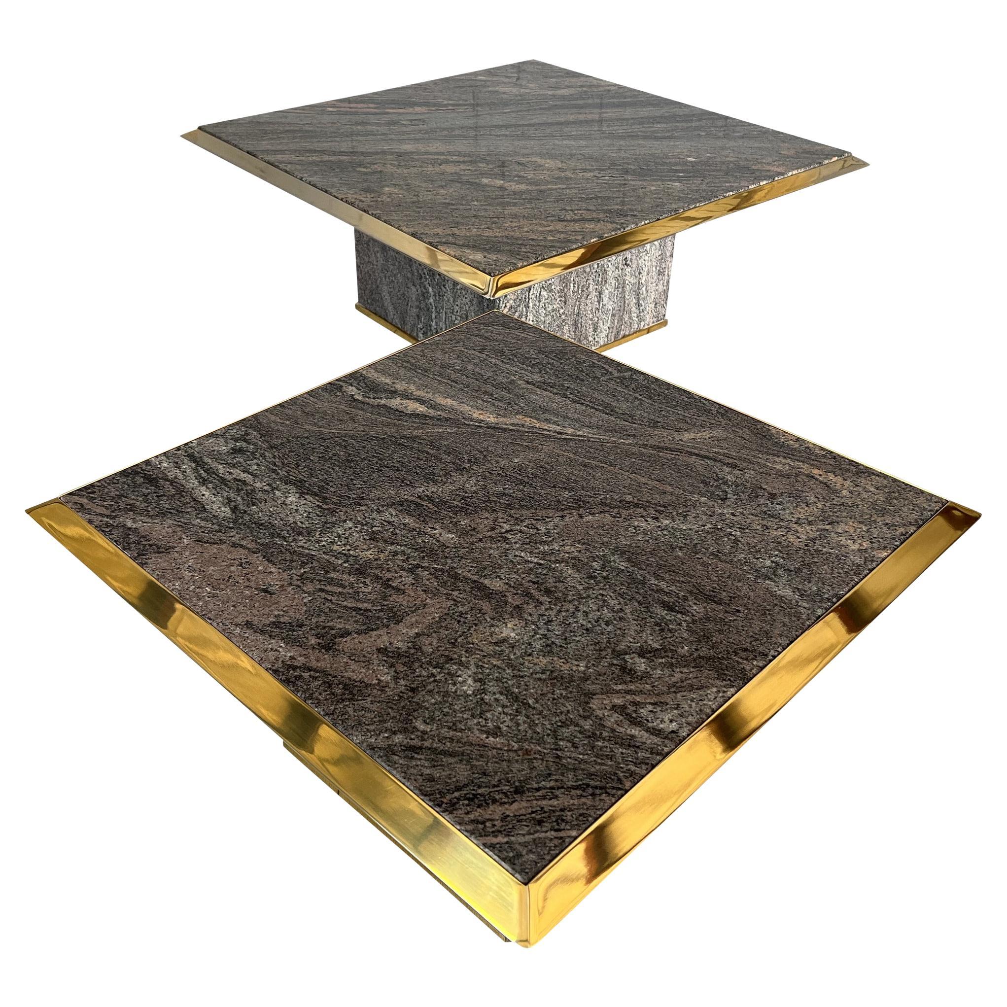 Hollywood Regency Travertine and Metal Coffee Tables by Fedam Design - a Pair