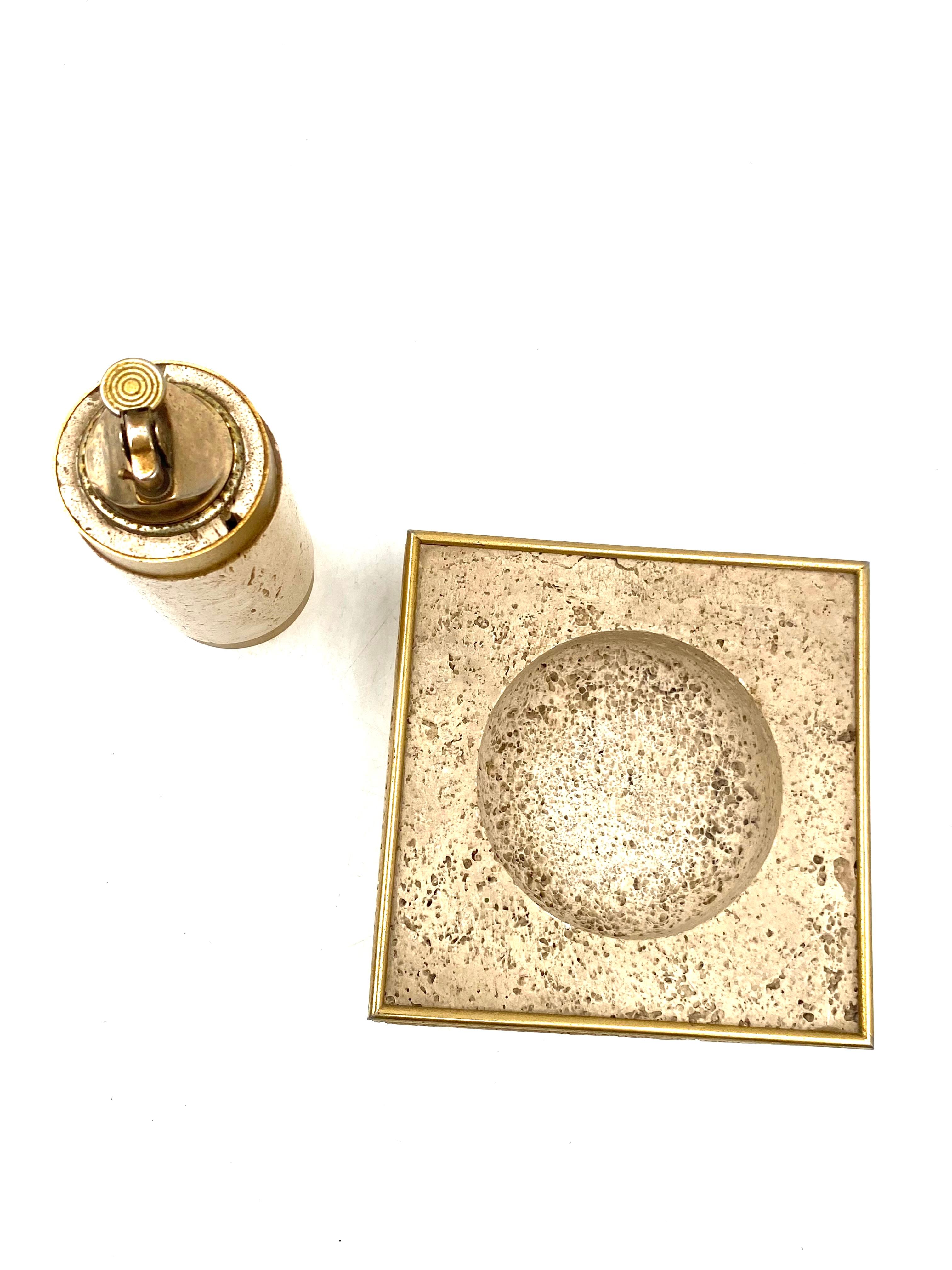 Hollywood regency travertine ashtray and table lighter, Cerri Nestore Italy 1970 10