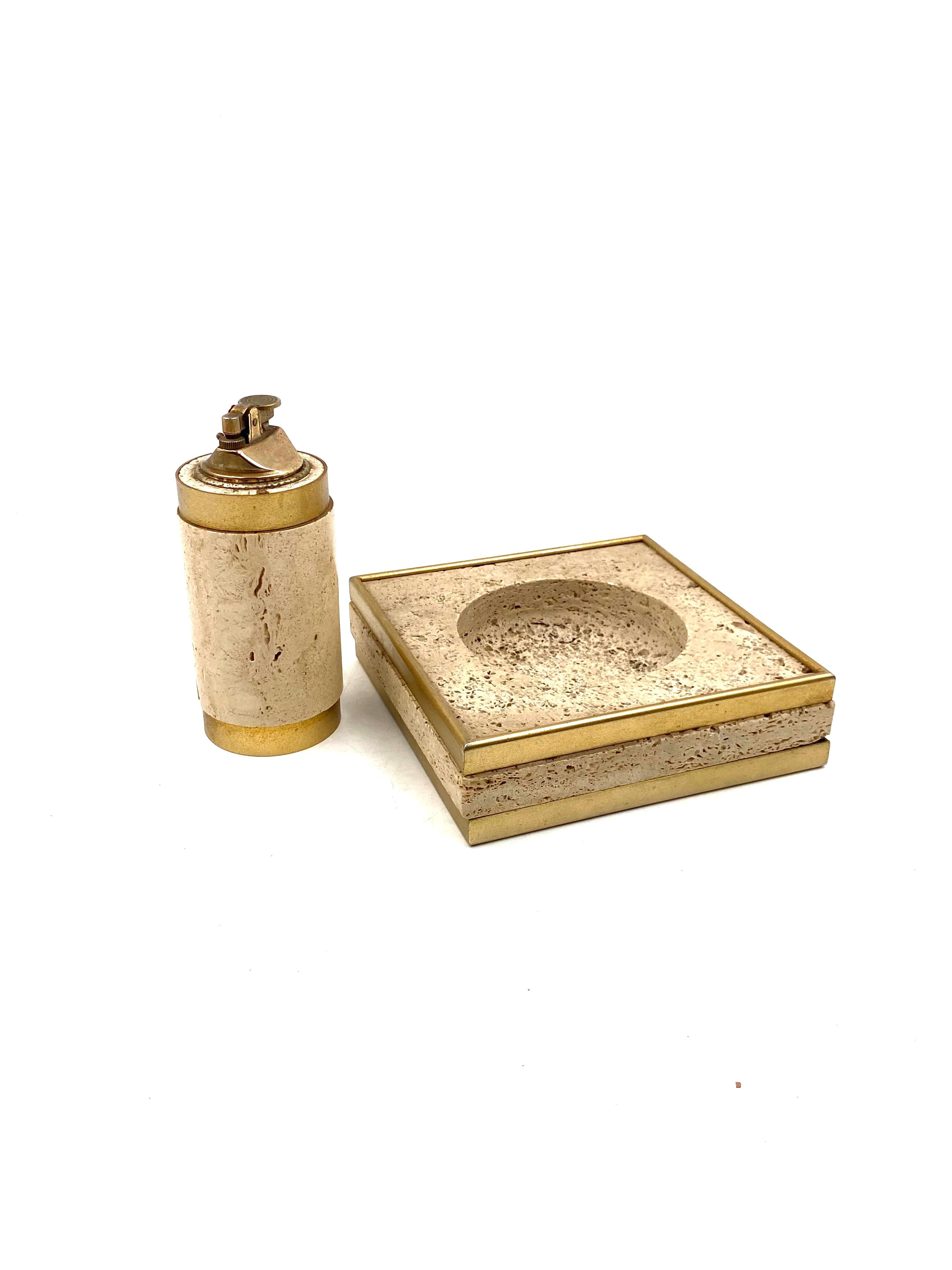 Hollywood regency travertine ashtray and table lighter, Cerri Nestore Italy 1970 11