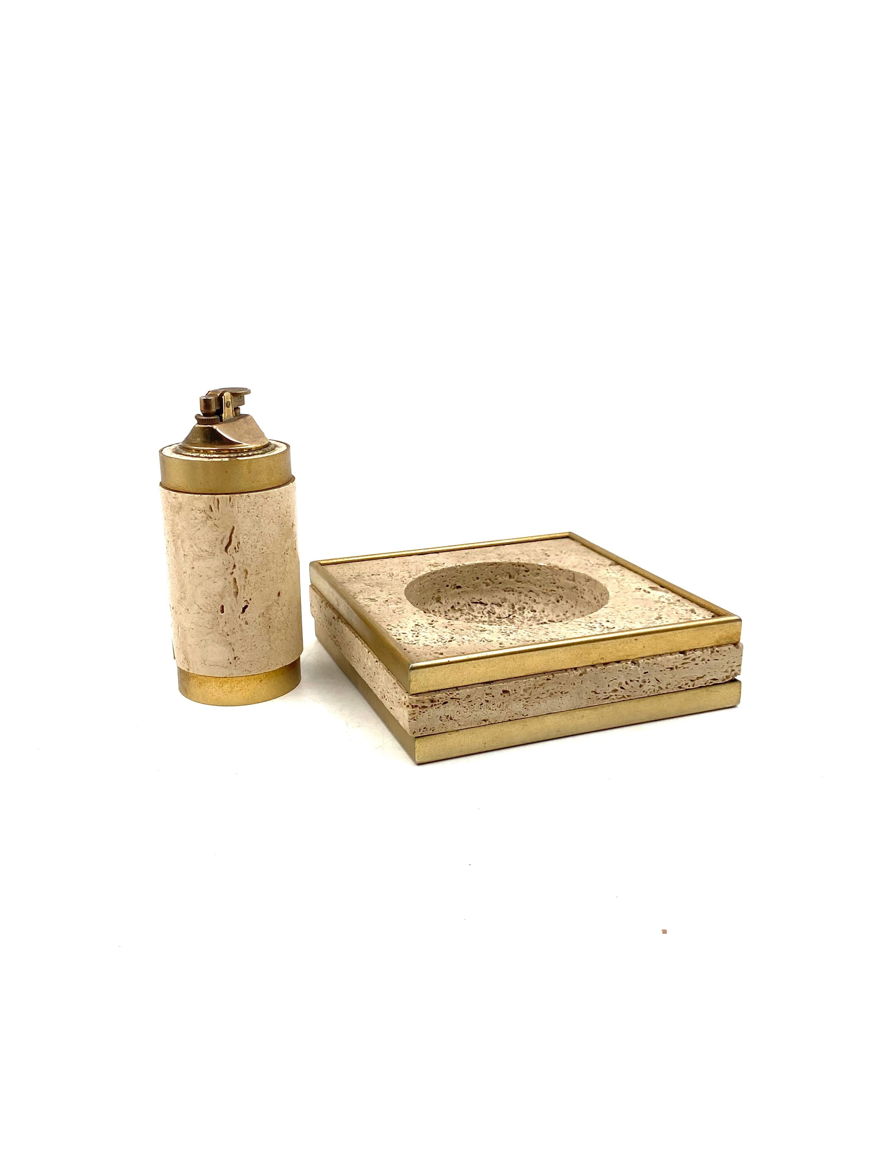 Hollywood regency travertine ashtray and table lighter, Cerri Nestore Italy 1970 12