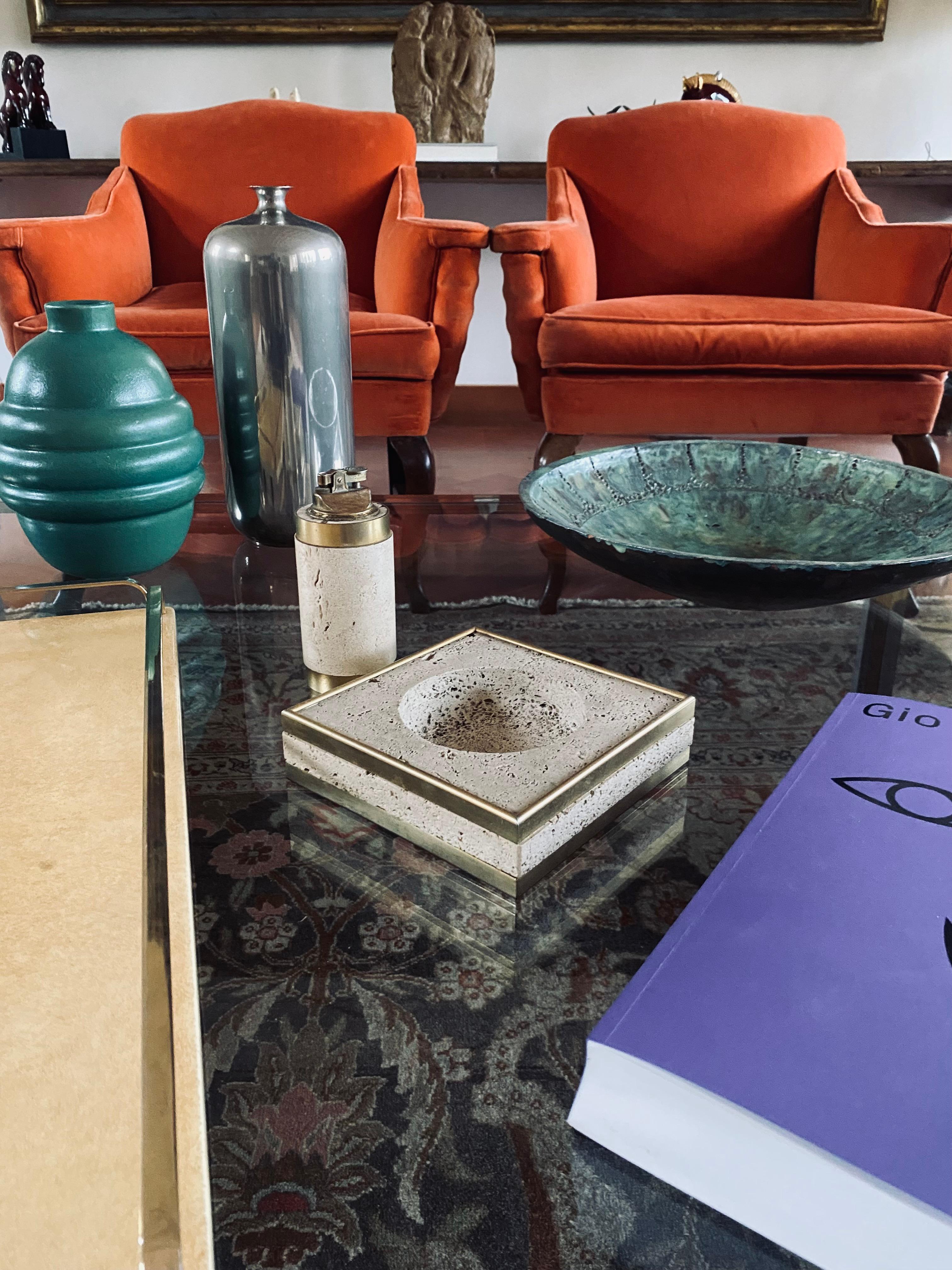Hollywood regency travertine ashtray and table lighter, Cerri Nestore Italy 1970 In Excellent Condition In Firenze, IT