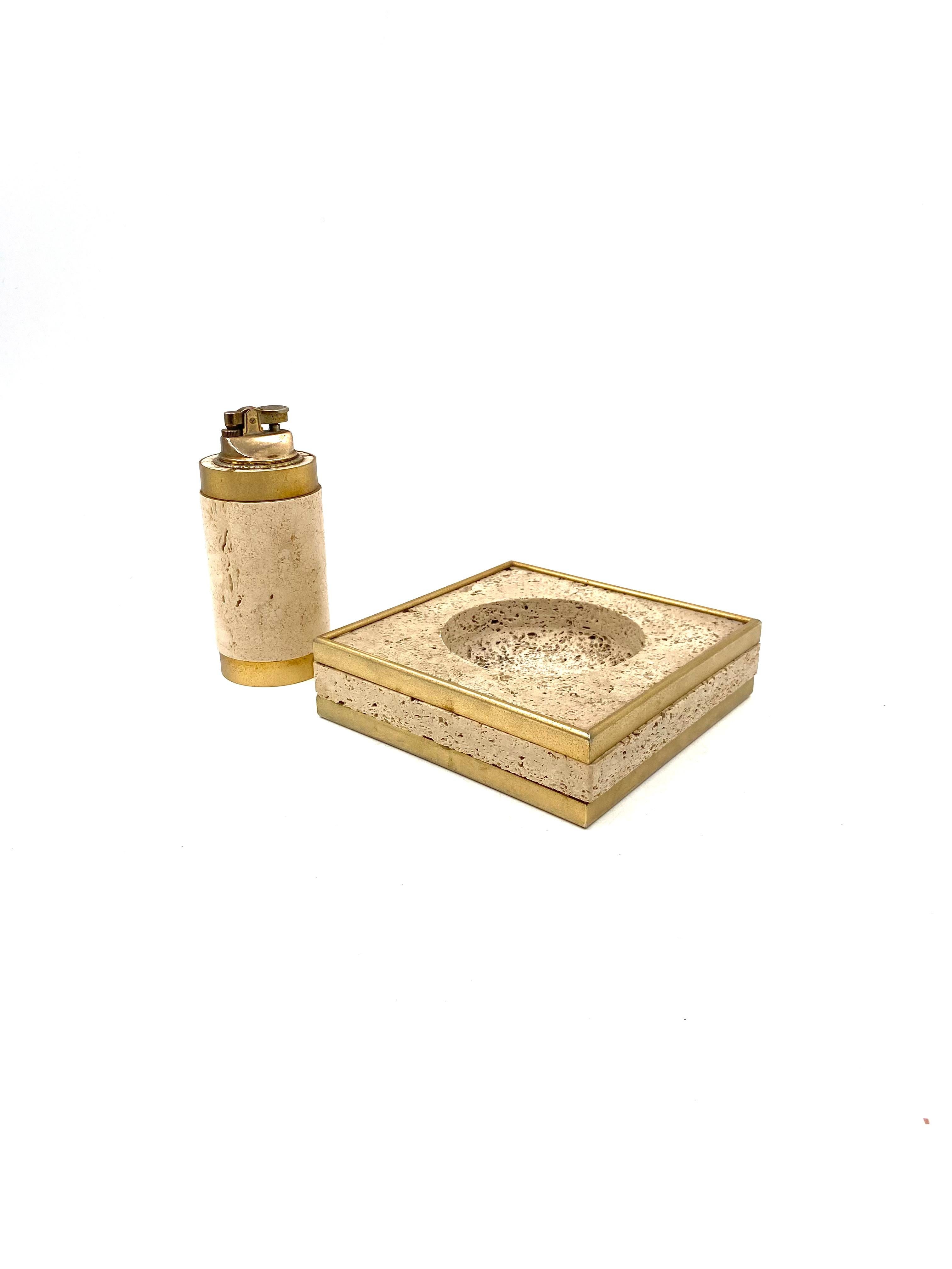 Brass Hollywood regency travertine ashtray and table lighter, Cerri Nestore Italy 1970