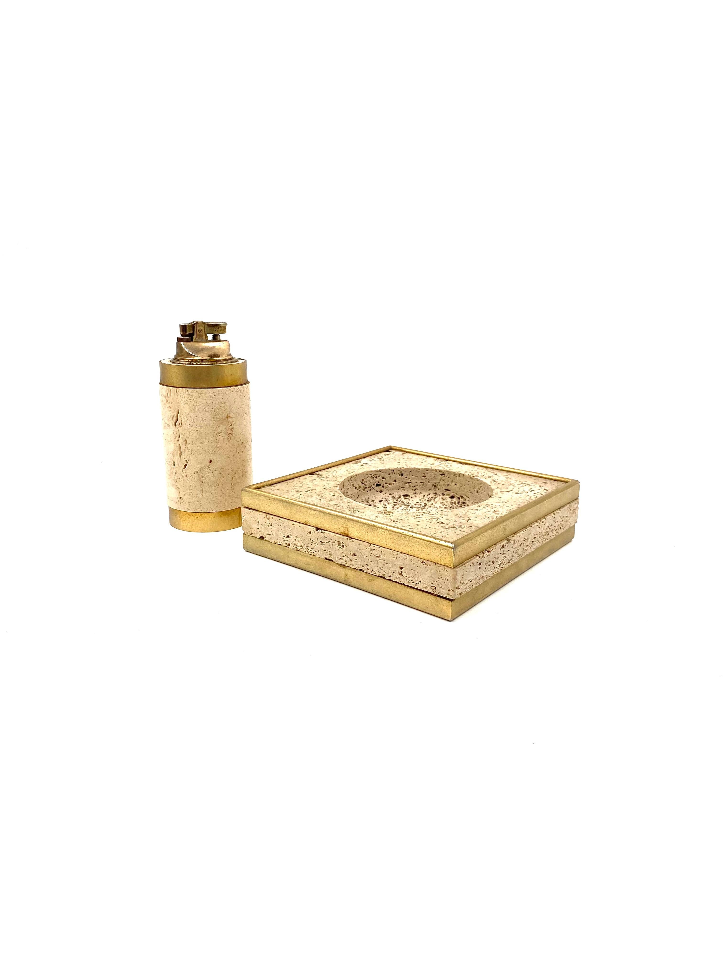 Hollywood regency travertine ashtray and table lighter, Cerri Nestore Italy 1970 1