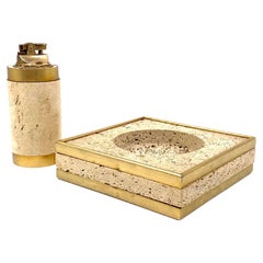 Vintage Hollywood regency travertine ashtray and table lighter, Cerri Nestore Italy 1970