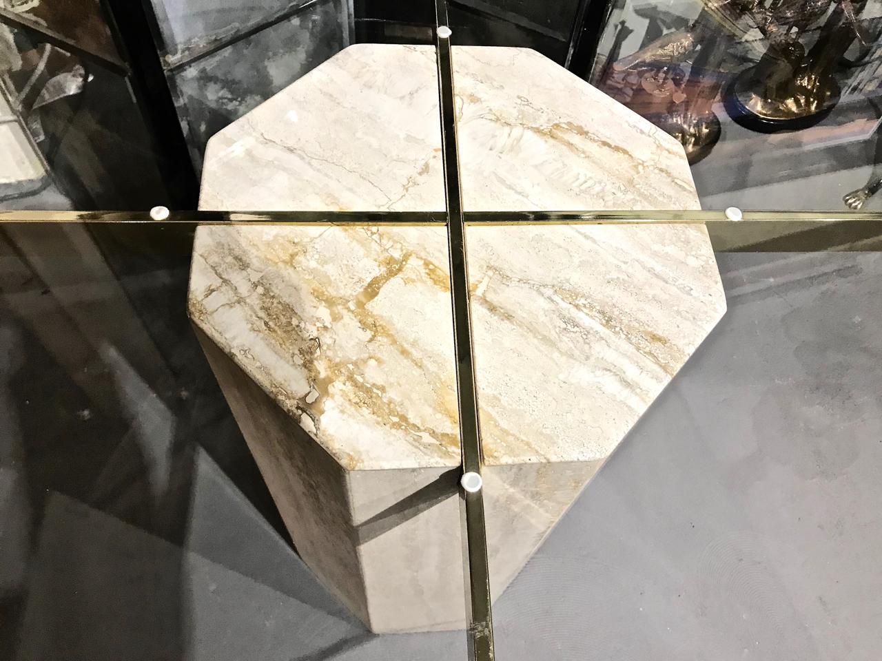 Hollywood Regency Travertine, Brass and Glass Dining Table, circa 1980s In Good Condition In Pasadena, CA