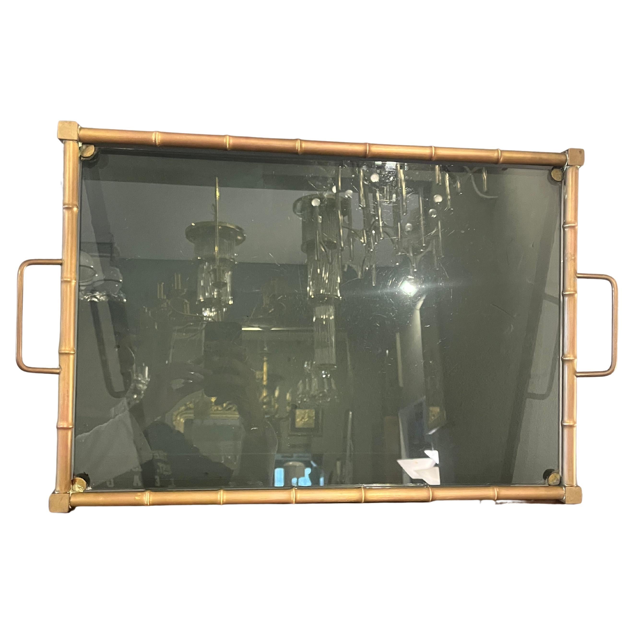 Hollywood Regency Tray in Brass and Smoked Glass, Italy, 1970s