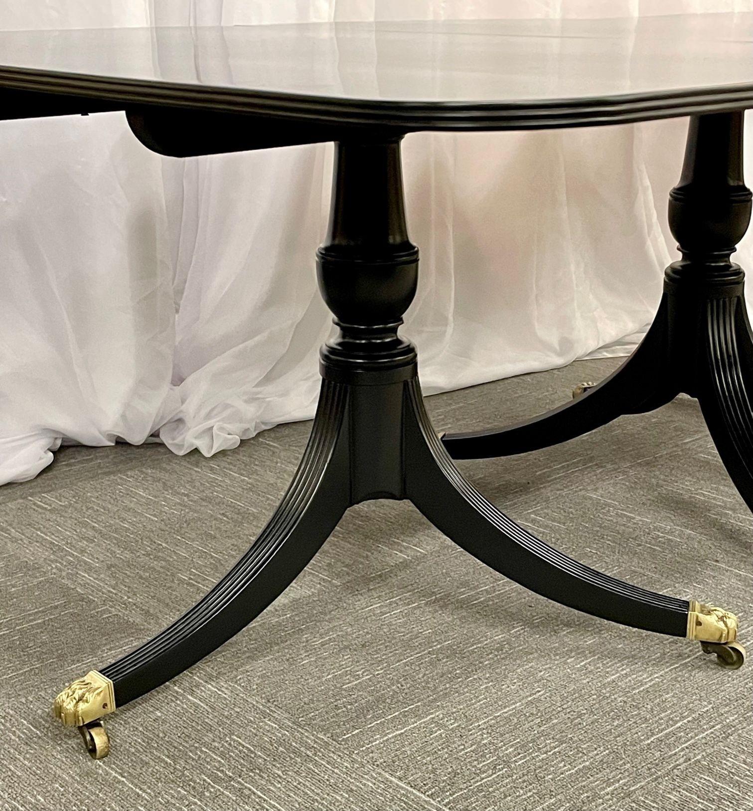 Hollywood Regency Triple Pedestal Ebony Dining Table, Maison Jansen For Sale 9