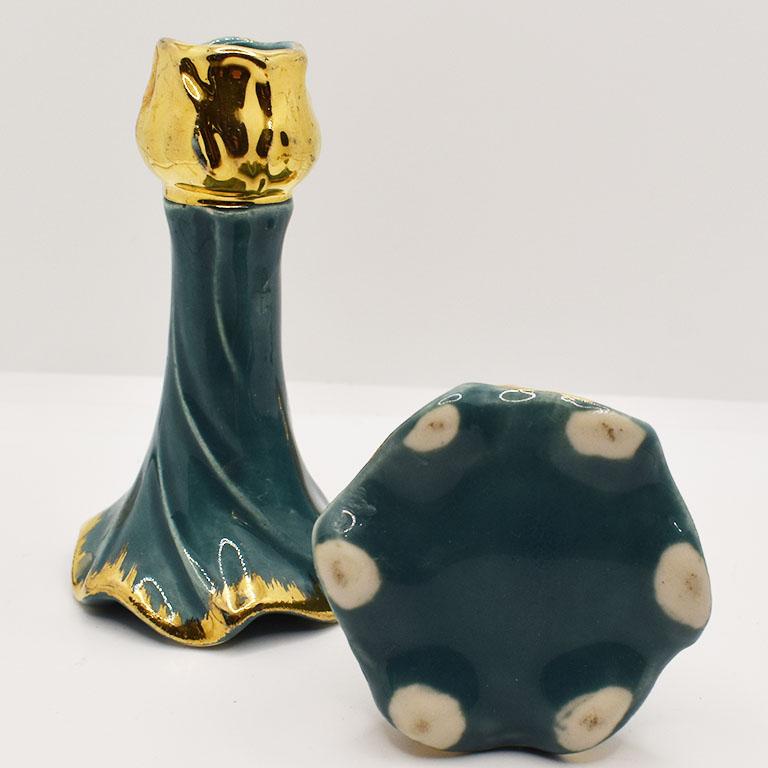 Glazed Hollywood Regency Trompe L'Oeil Candle in Turquoise and Gold Faience, a Pair For Sale