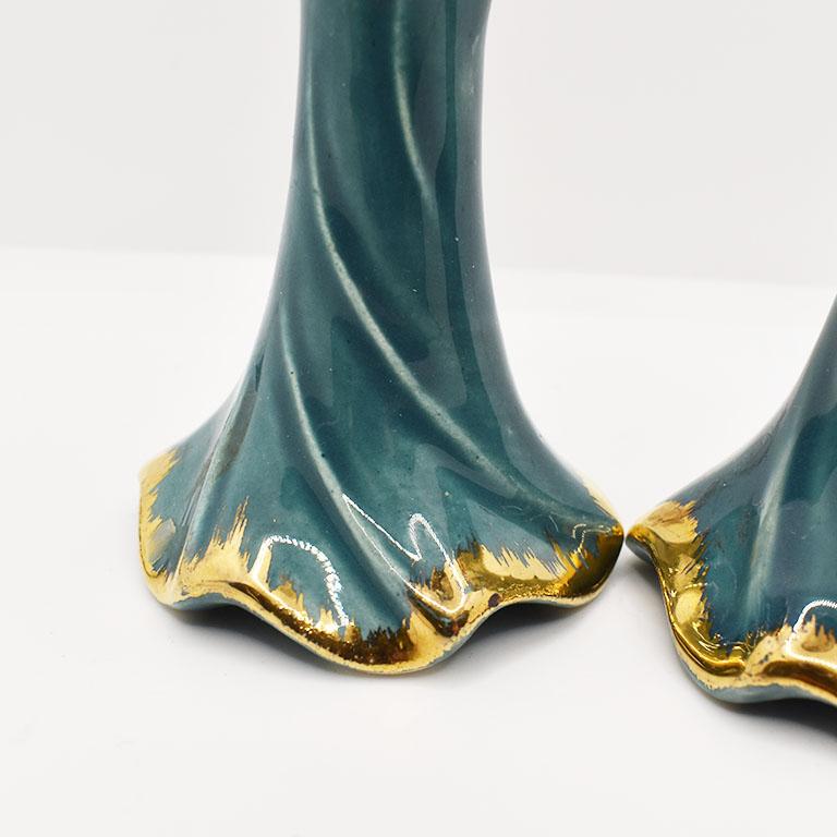 20th Century Hollywood Regency Trompe L'Oeil Candle in Turquoise and Gold Faience, a Pair For Sale