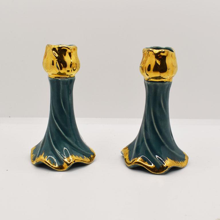 Hollywood Regency Trompe L'Oeil Candle in Turquoise and Gold Faience, a Pair For Sale 1