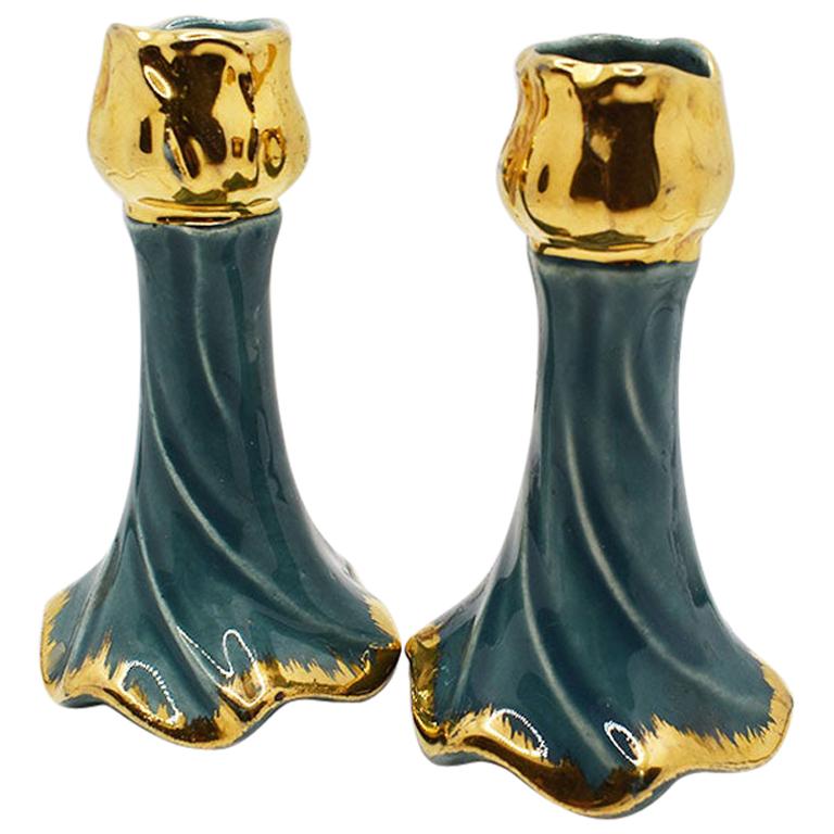 Hollywood Regency Trompe L'Oeil Candle in Turquoise and Gold Faience, a Pair