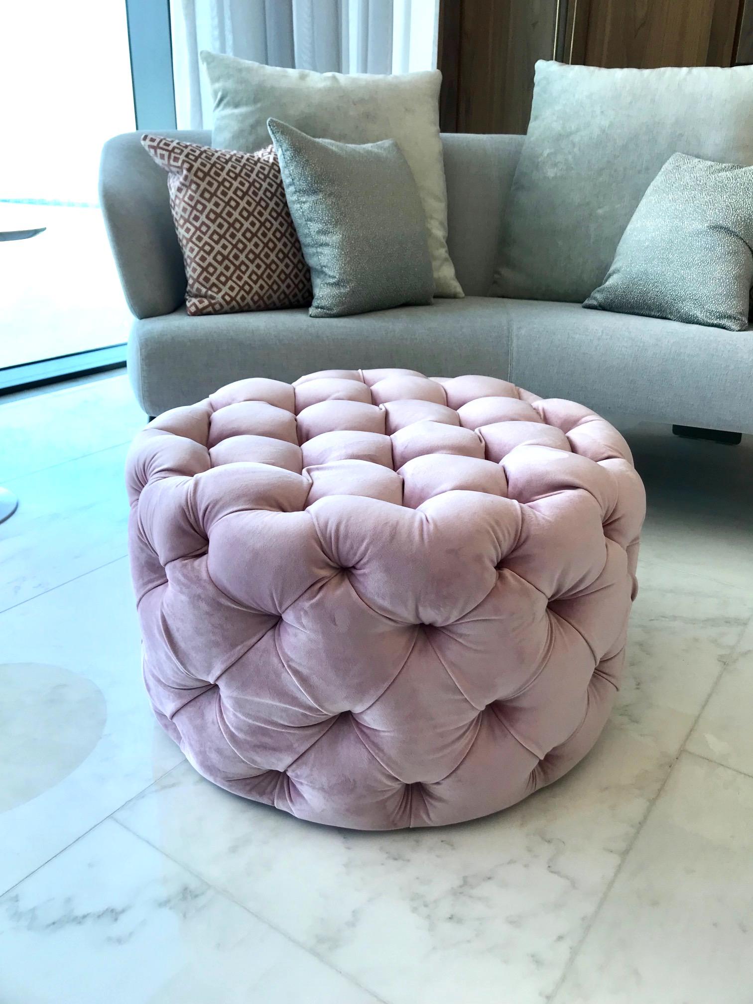 Custom round velvet ottoman in rose or blush pink. Hollywood Regency design with tufting throughout. Perfect scale for any living area, bedroom, or dressing room.