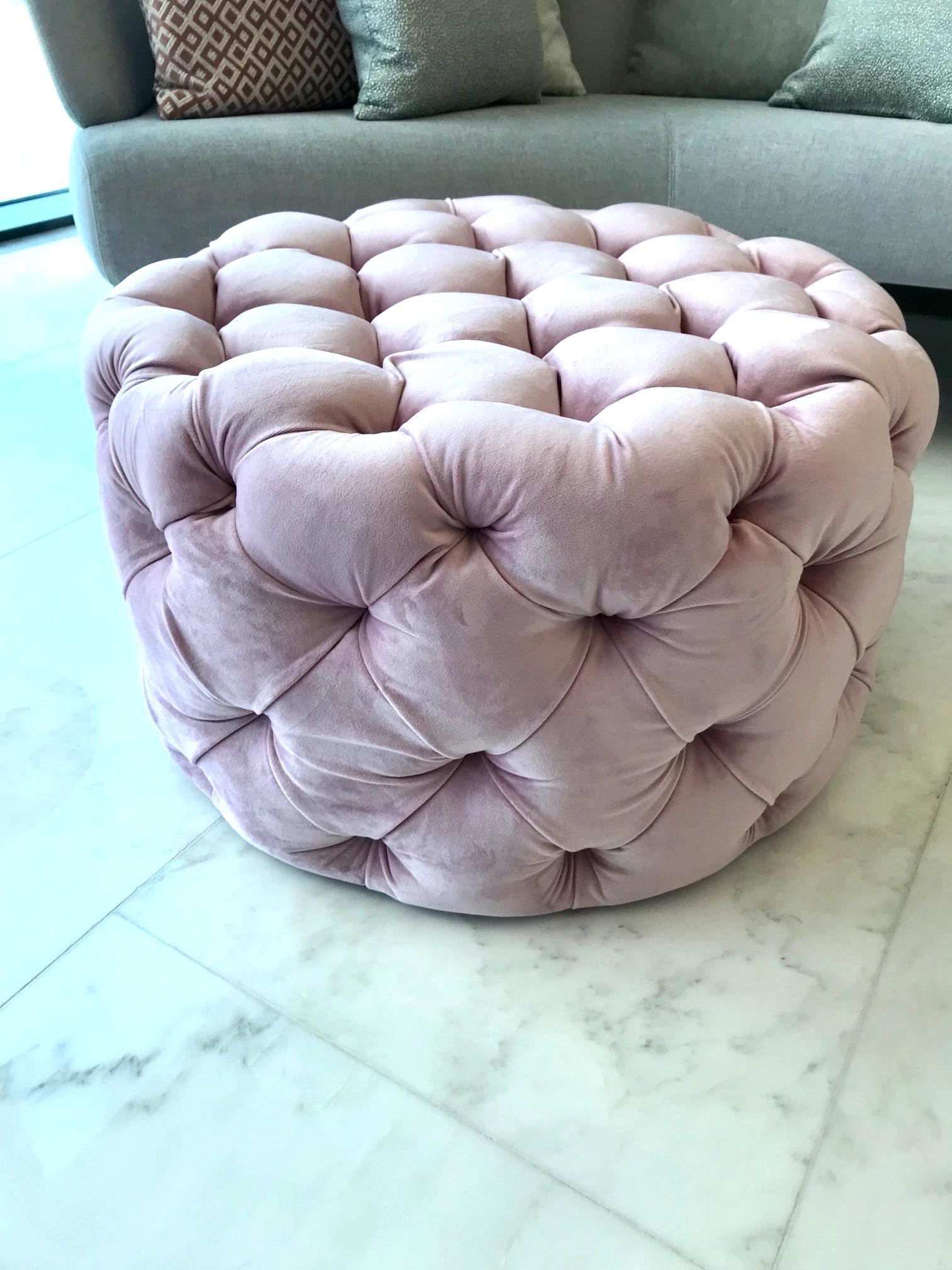 American Hollywood Regency Tufted Ottoman in Blush Velvet