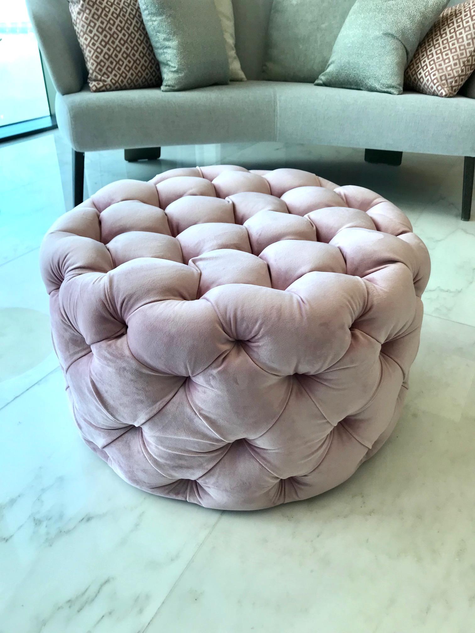 Contemporary Hollywood Regency Tufted Ottoman in Blush Velvet