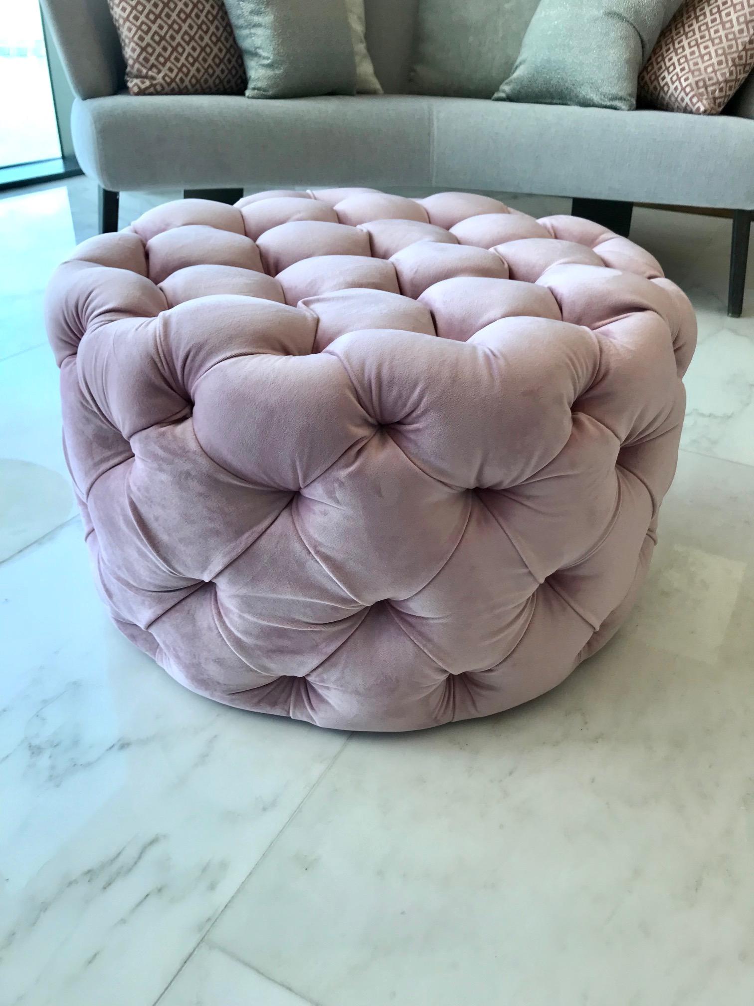 Wood Hollywood Regency Tufted Ottoman in Blush Velvet