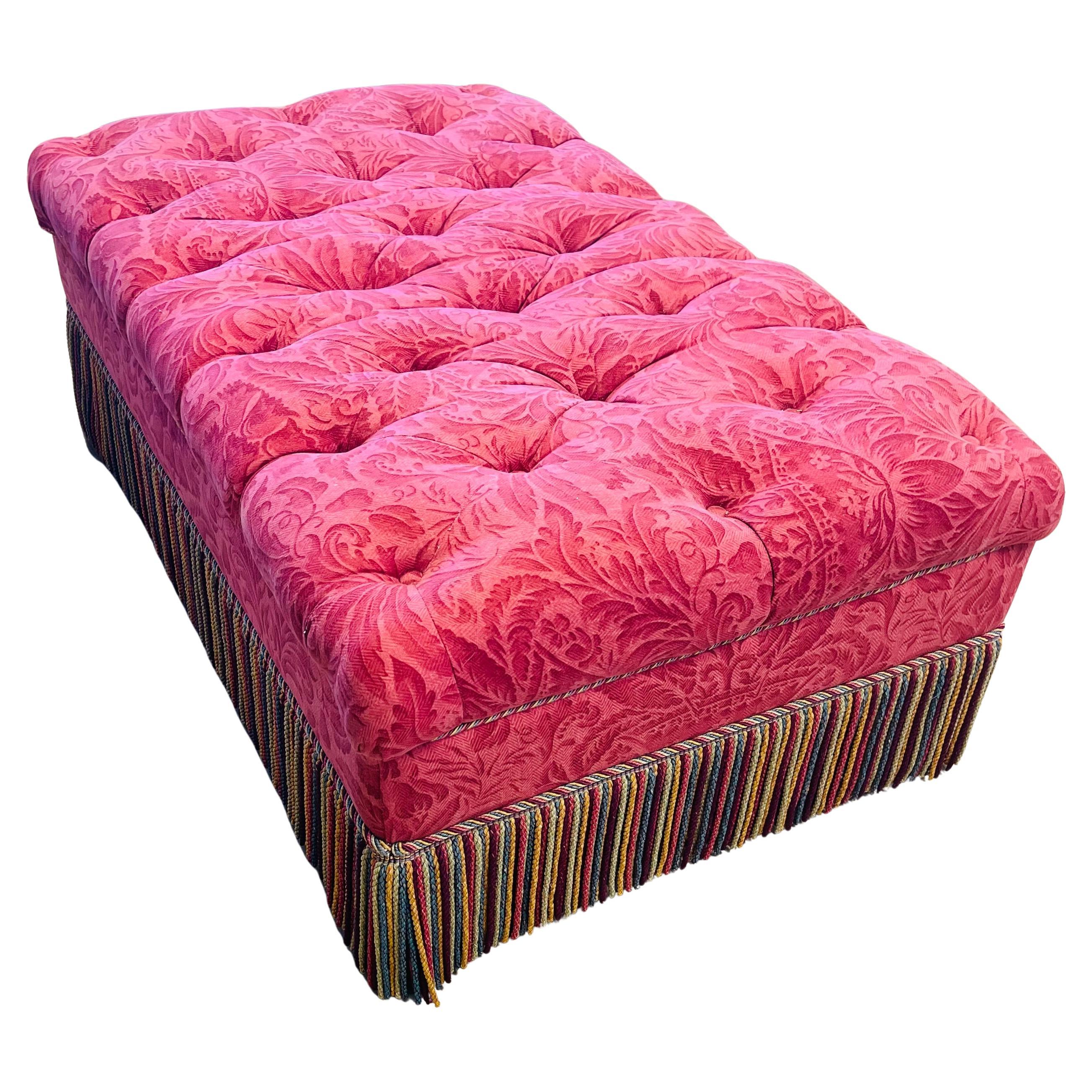 Hollywood Regency Tufted Pink Banquette with Fringes