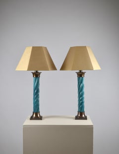 Hollywood Regency Turquoise Ceramic, Bronze-Finished Brass Table Lamp