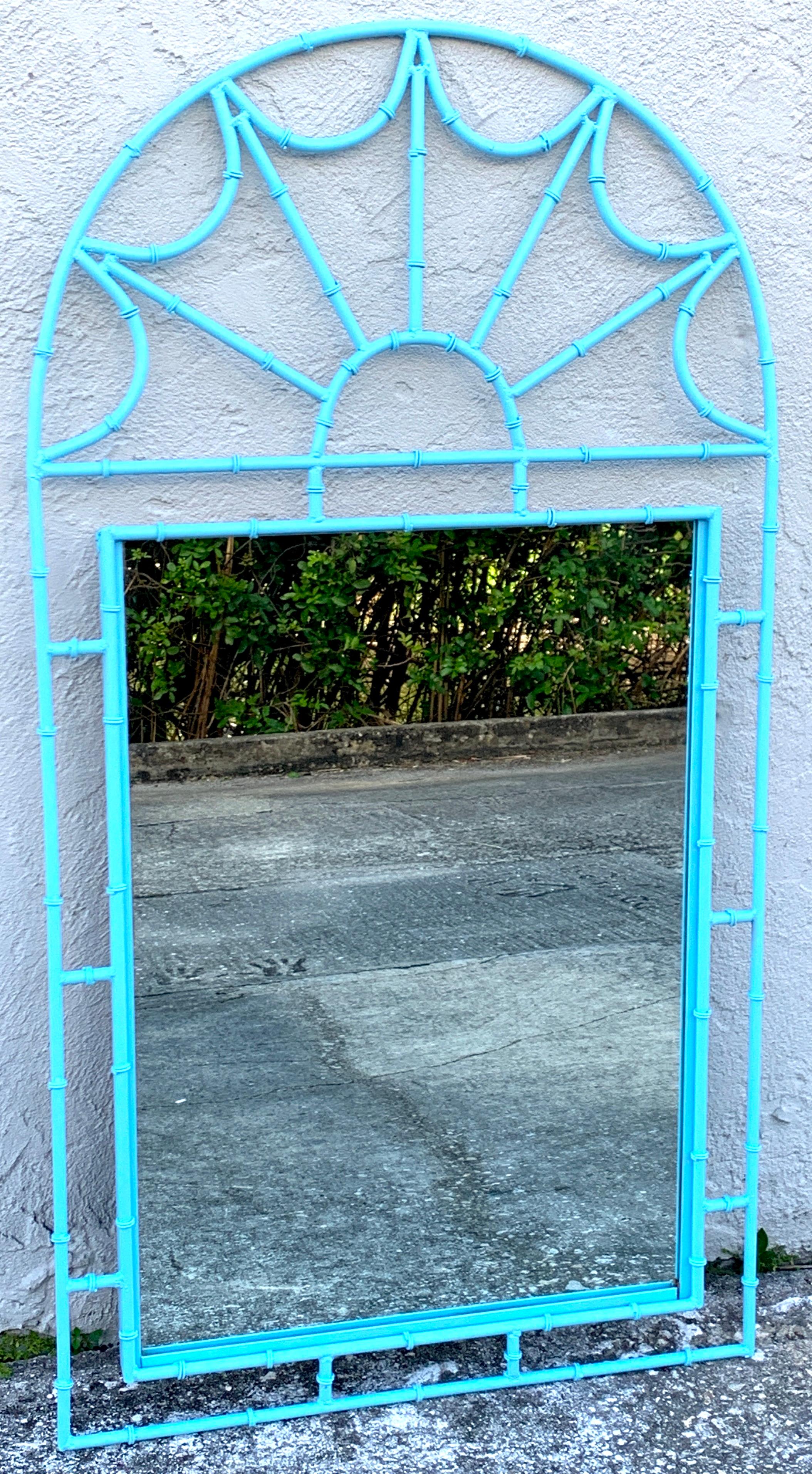 Hollywood Regency turquoise faux bamboo wrought iron mirror with arched pierced top, fitted with an inset 25