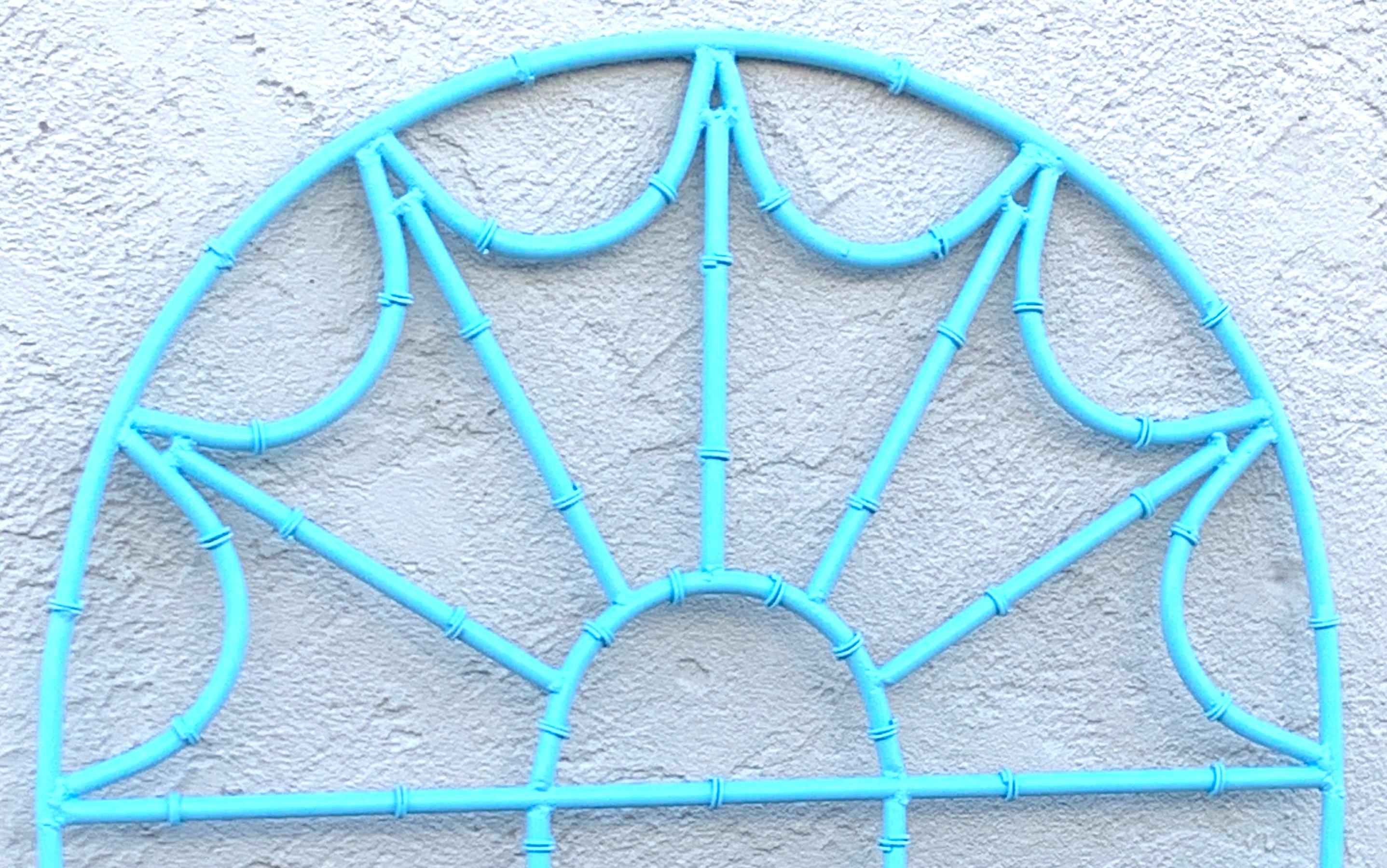 Mid-Century Modern Hollywood Regency Turquoise Faux Bamboo Wrought Iron Mirror