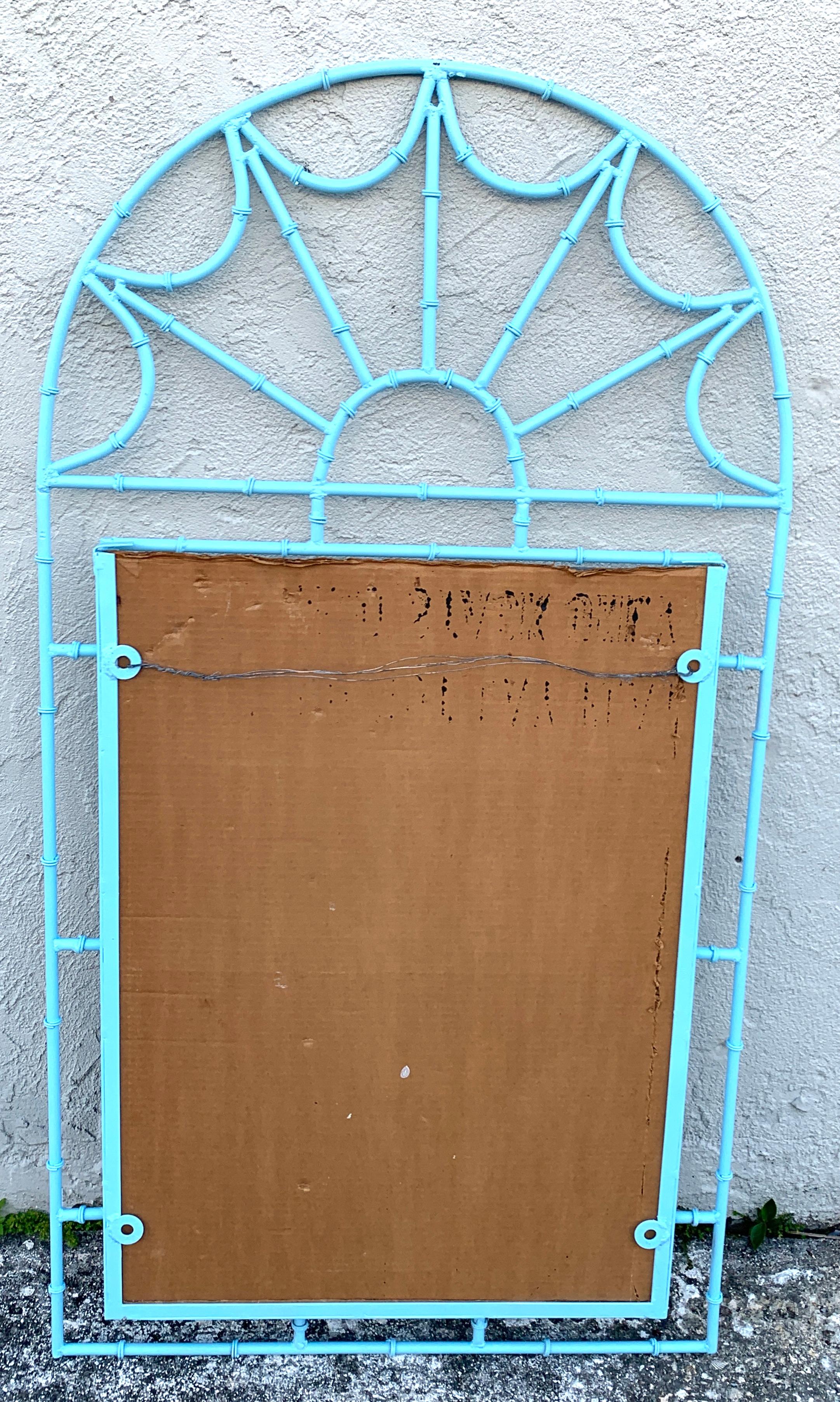 American Hollywood Regency Turquoise Faux Bamboo Wrought Iron Mirror