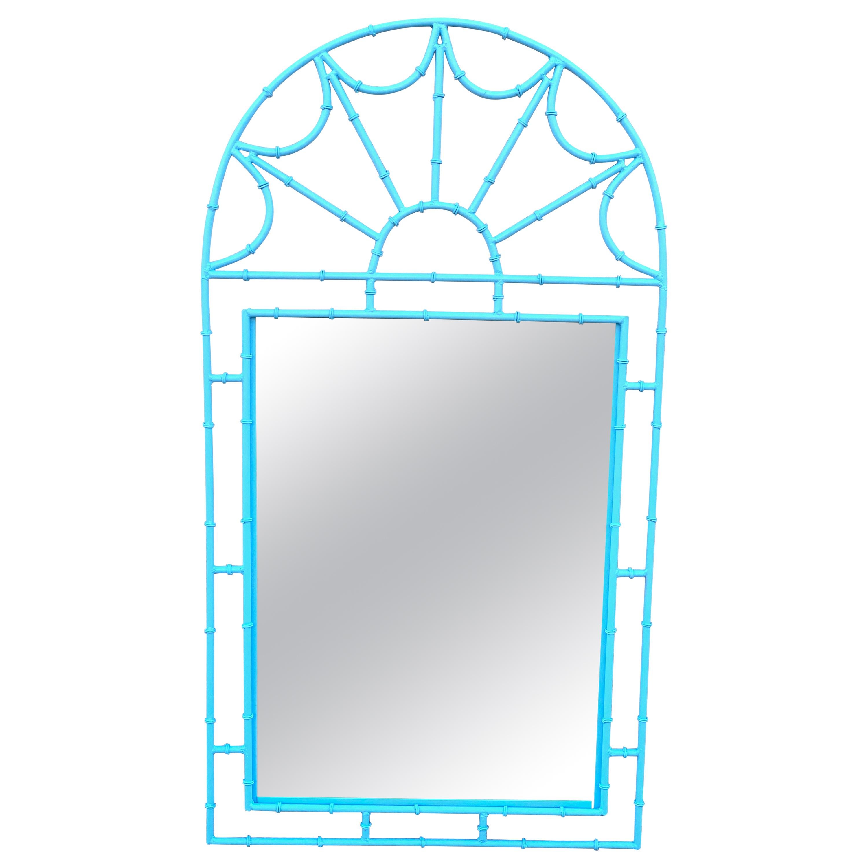 Hollywood Regency Turquoise Faux Bamboo Wrought Iron Mirror