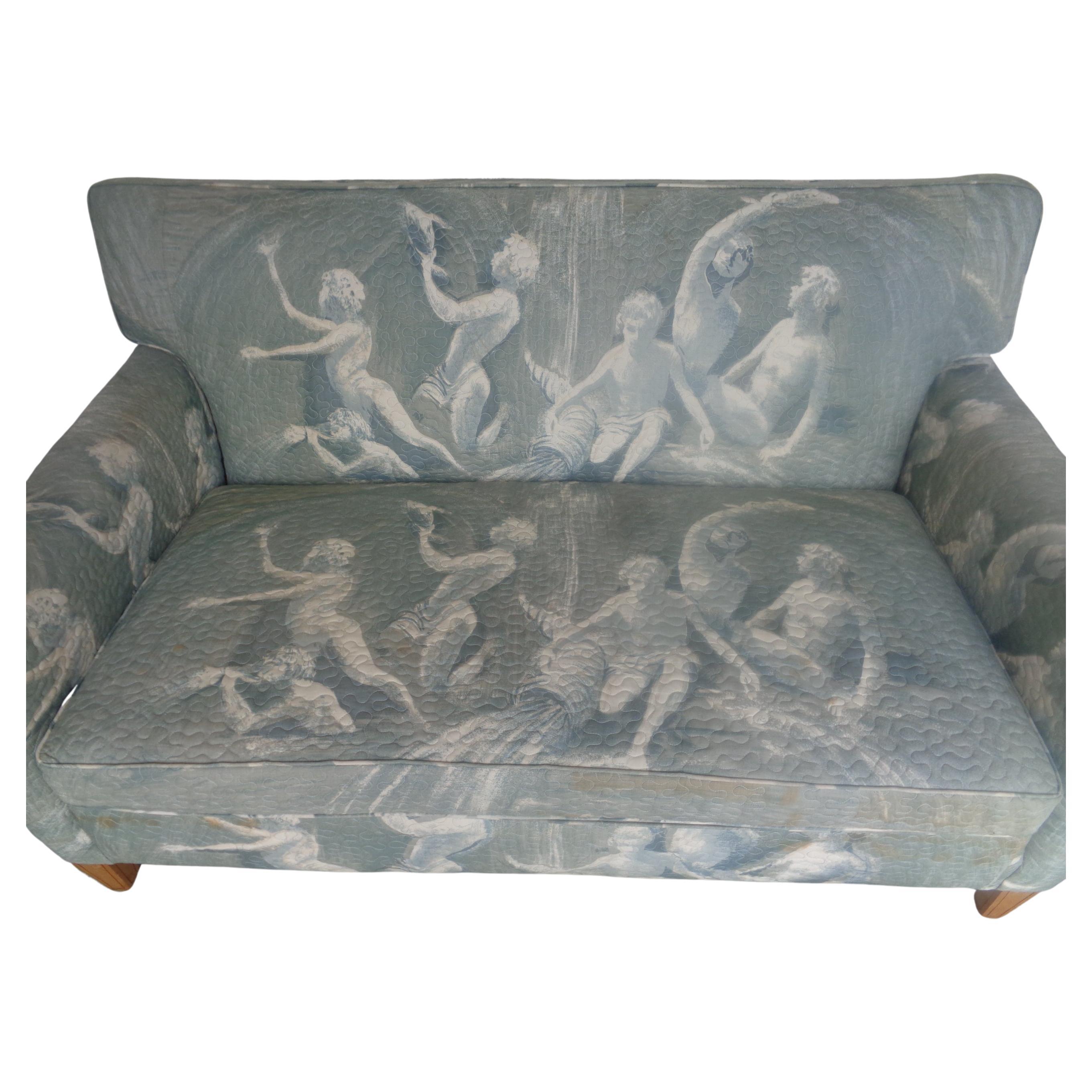 Hollywood Regency Tuxedo Loveseat Exotic Upholstery Mythological Fauns Seascape  For Sale 1