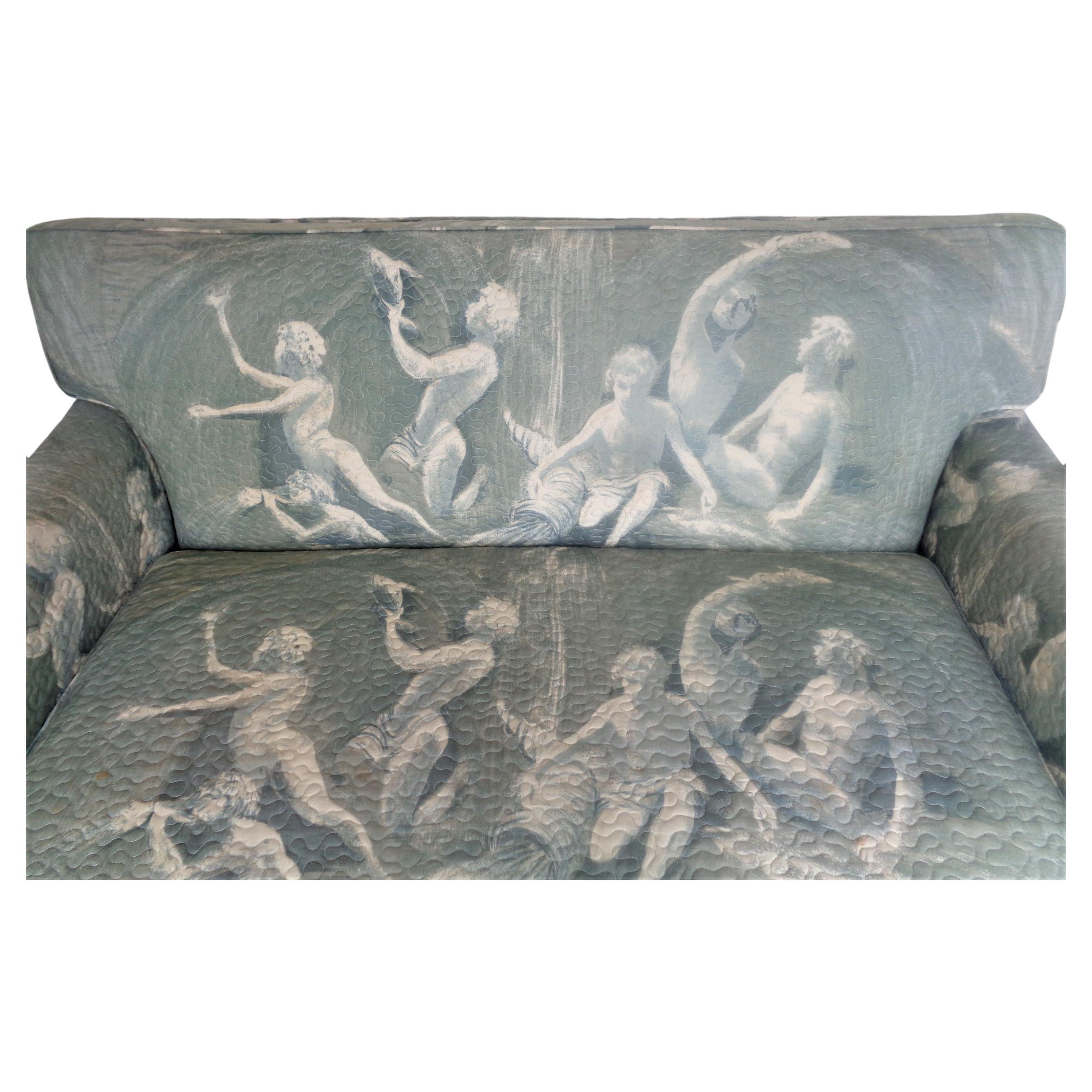 Hollywood Regency Tuxedo Loveseat Exotic Upholstery Mythological Fauns Seascape  For Sale 2
