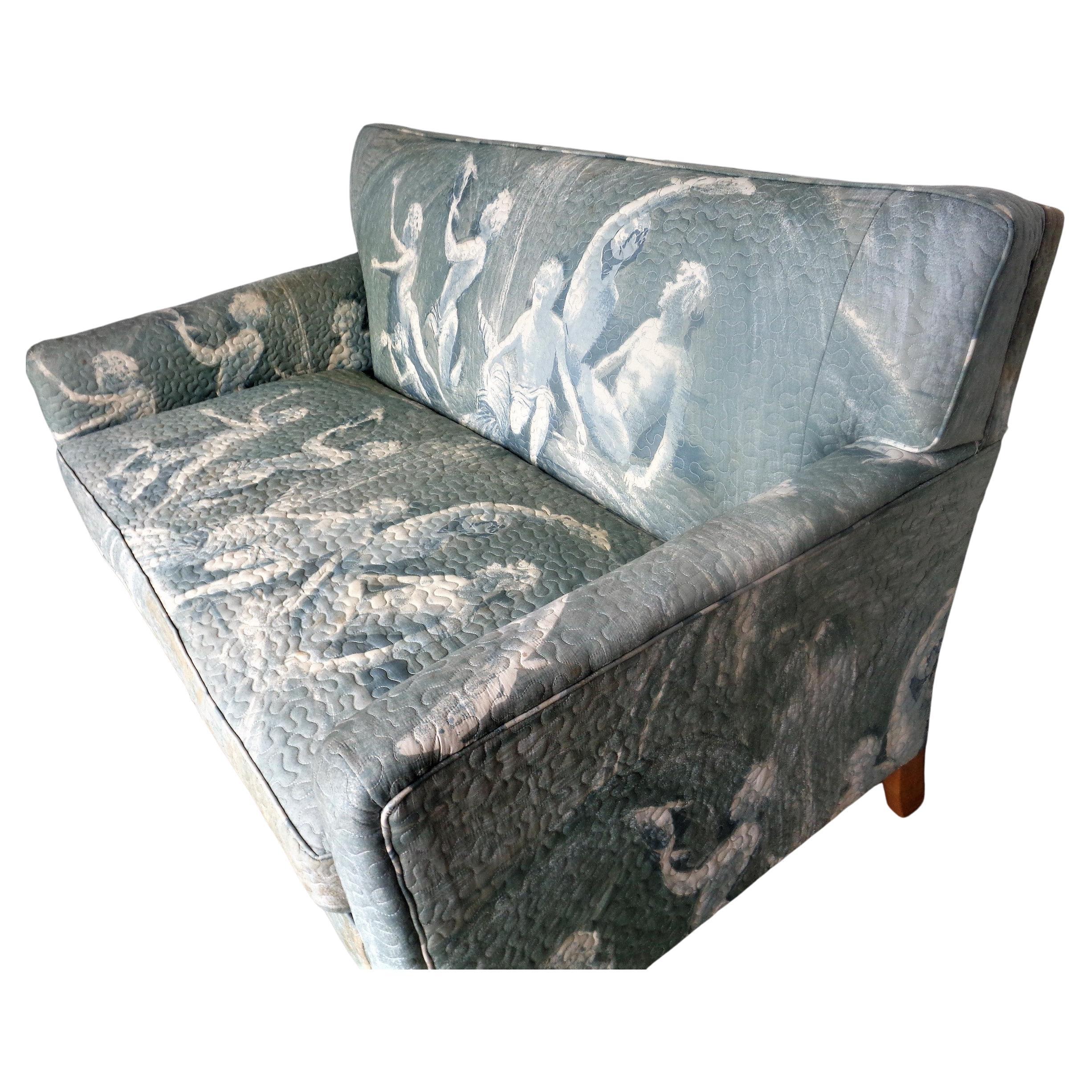 American Hollywood Regency Tuxedo Loveseat Exotic Upholstery Mythological Fauns Seascape  For Sale