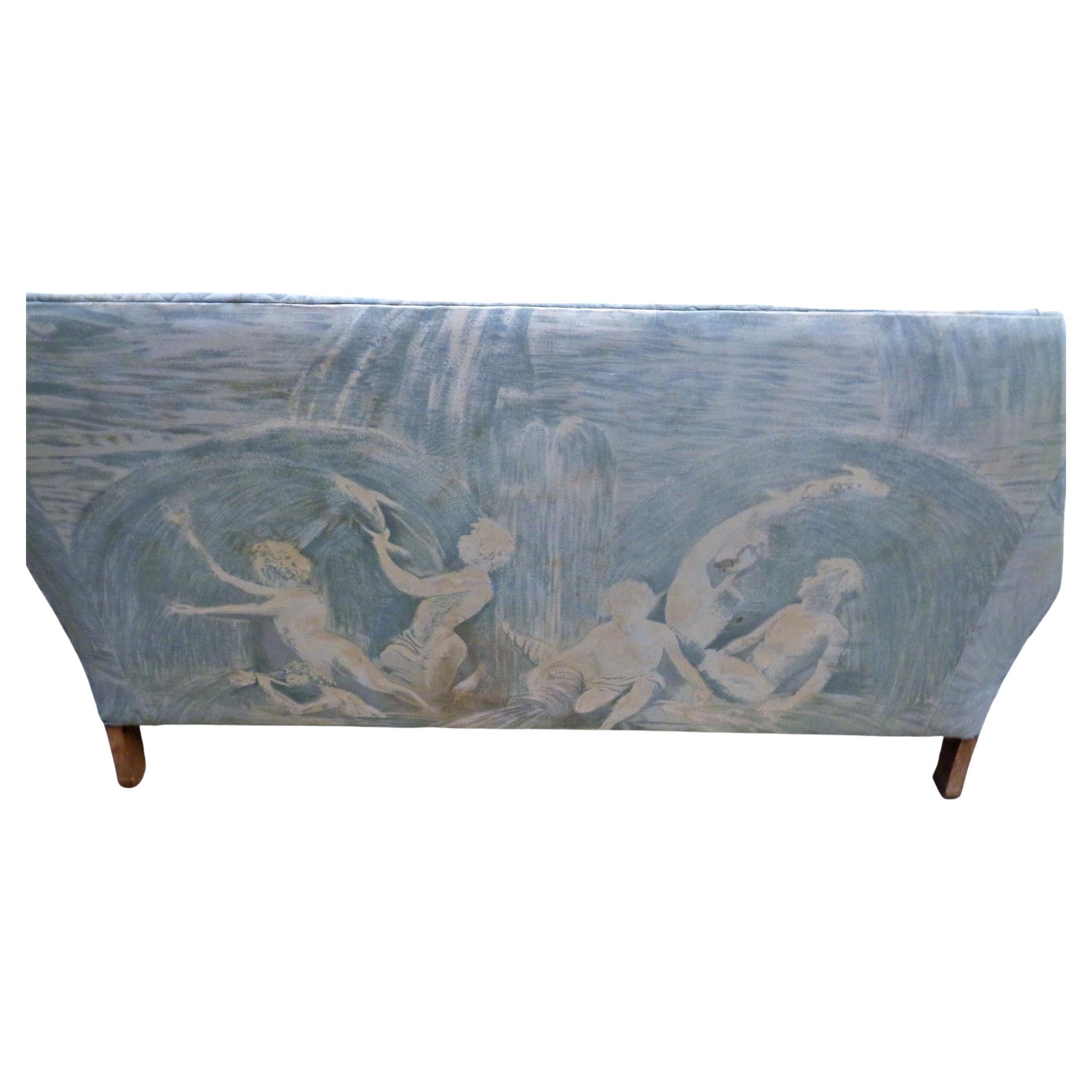 Hollywood Regency Tuxedo Loveseat Exotic Upholstery Mythological Fauns Seascape  In Fair Condition For Sale In Rochester, NY