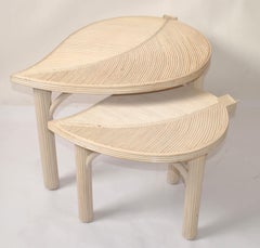 Hollywood Regency Two Decorative Leaf Shaped Bamboo and Pencil Reed Side Tables