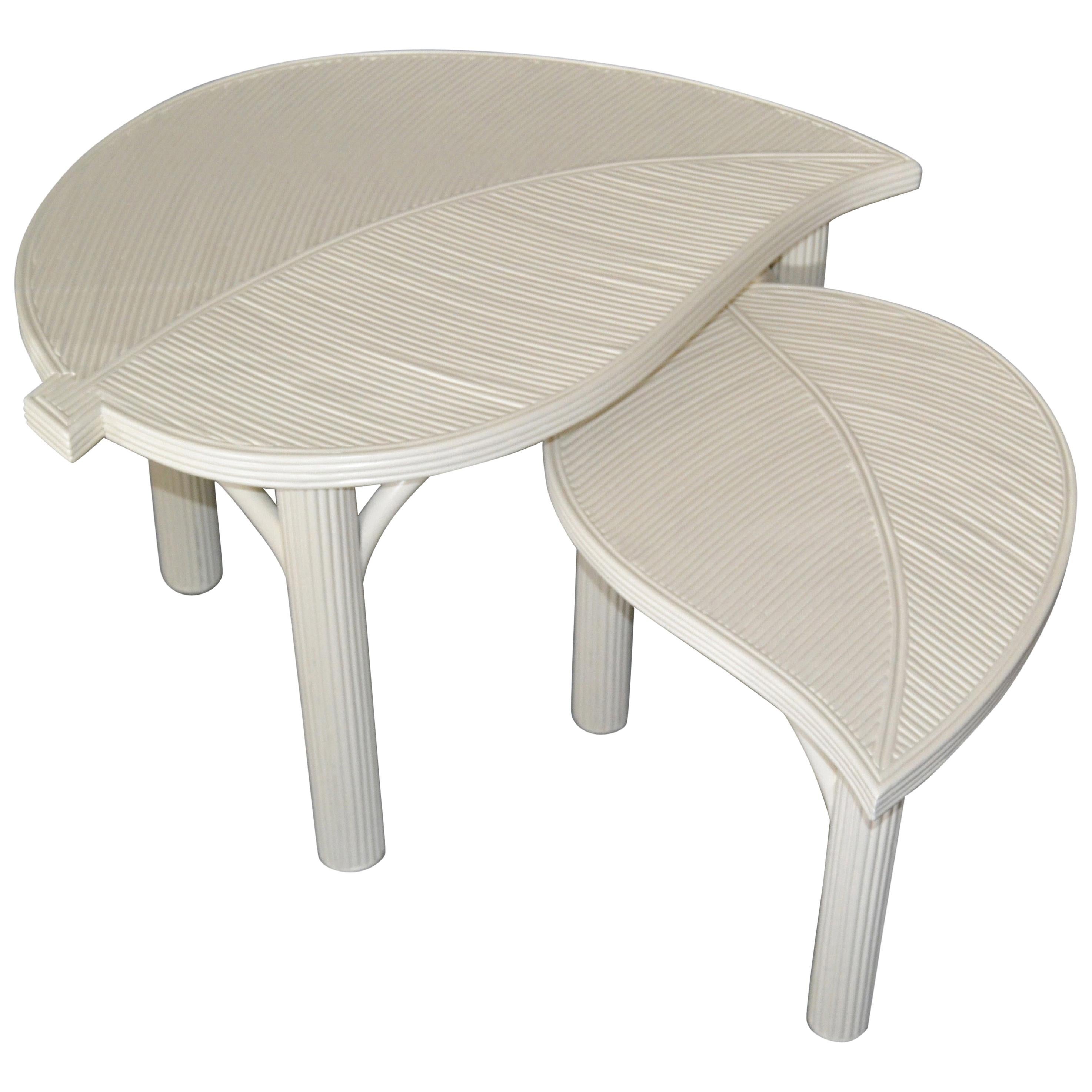 Hollywood Regency Two Decorative Leaf Shaped Bamboo and Pencil Reed Side Tables