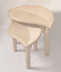 Hollywood Regency Two Decorative Leaf Shaped Bamboo and Pencil Reed Side Tables