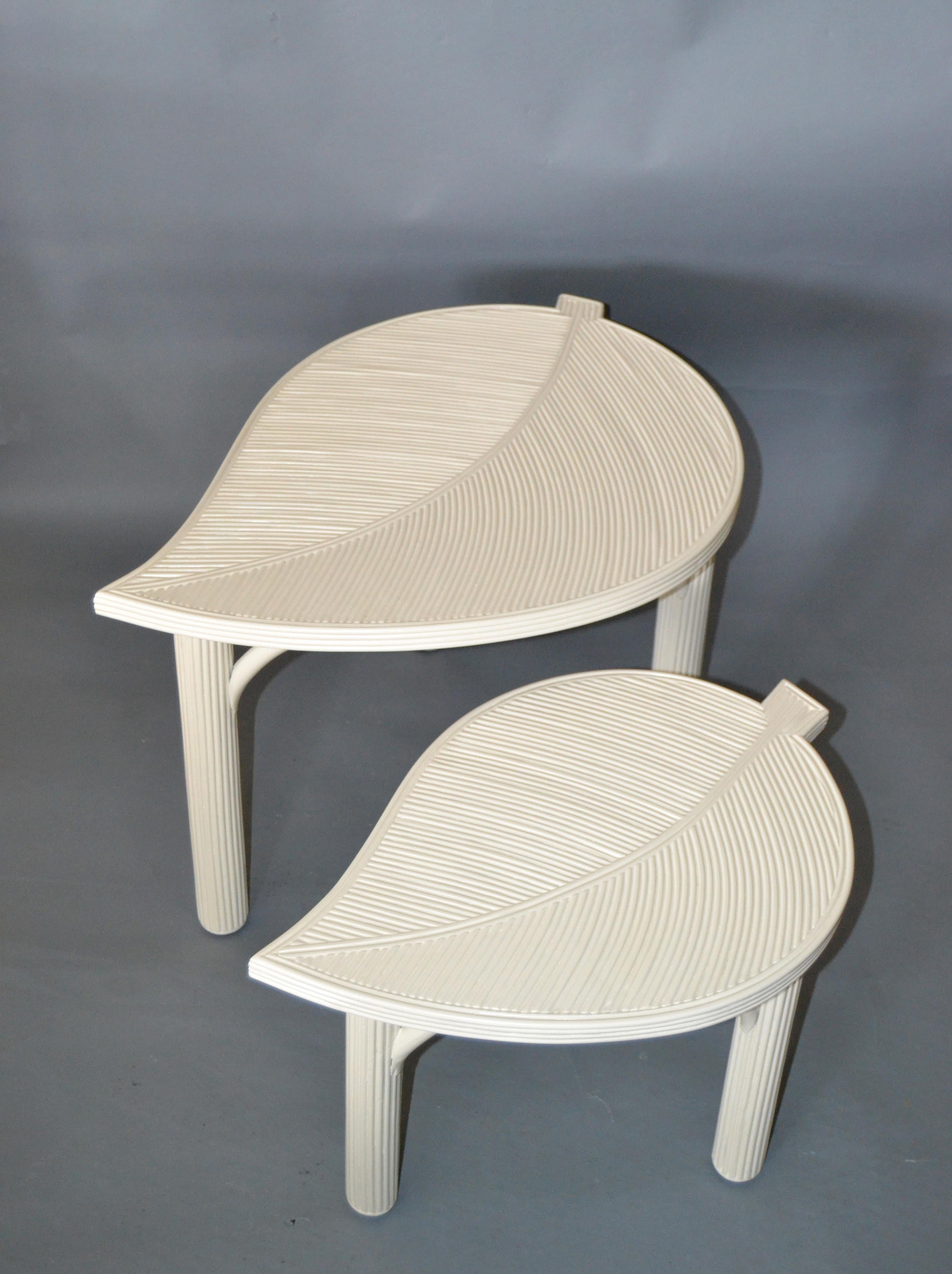 Hollywood Regency Two Decorative Leaf Shaped Bamboo and Pencil Reed Side Tables 5