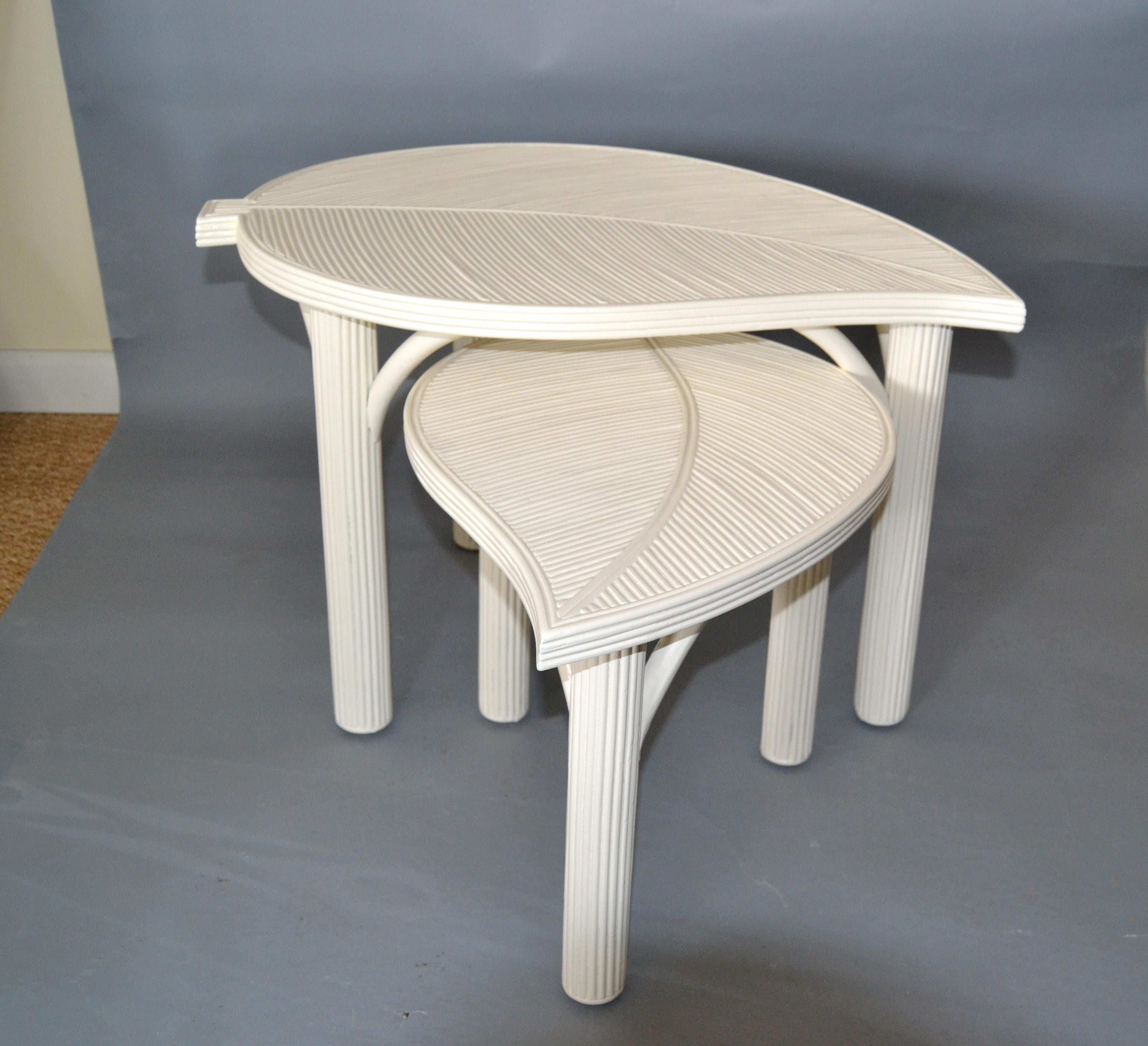 Philippine Hollywood Regency Two Decorative Leaf Shaped Bamboo and Pencil Reed Side Tables