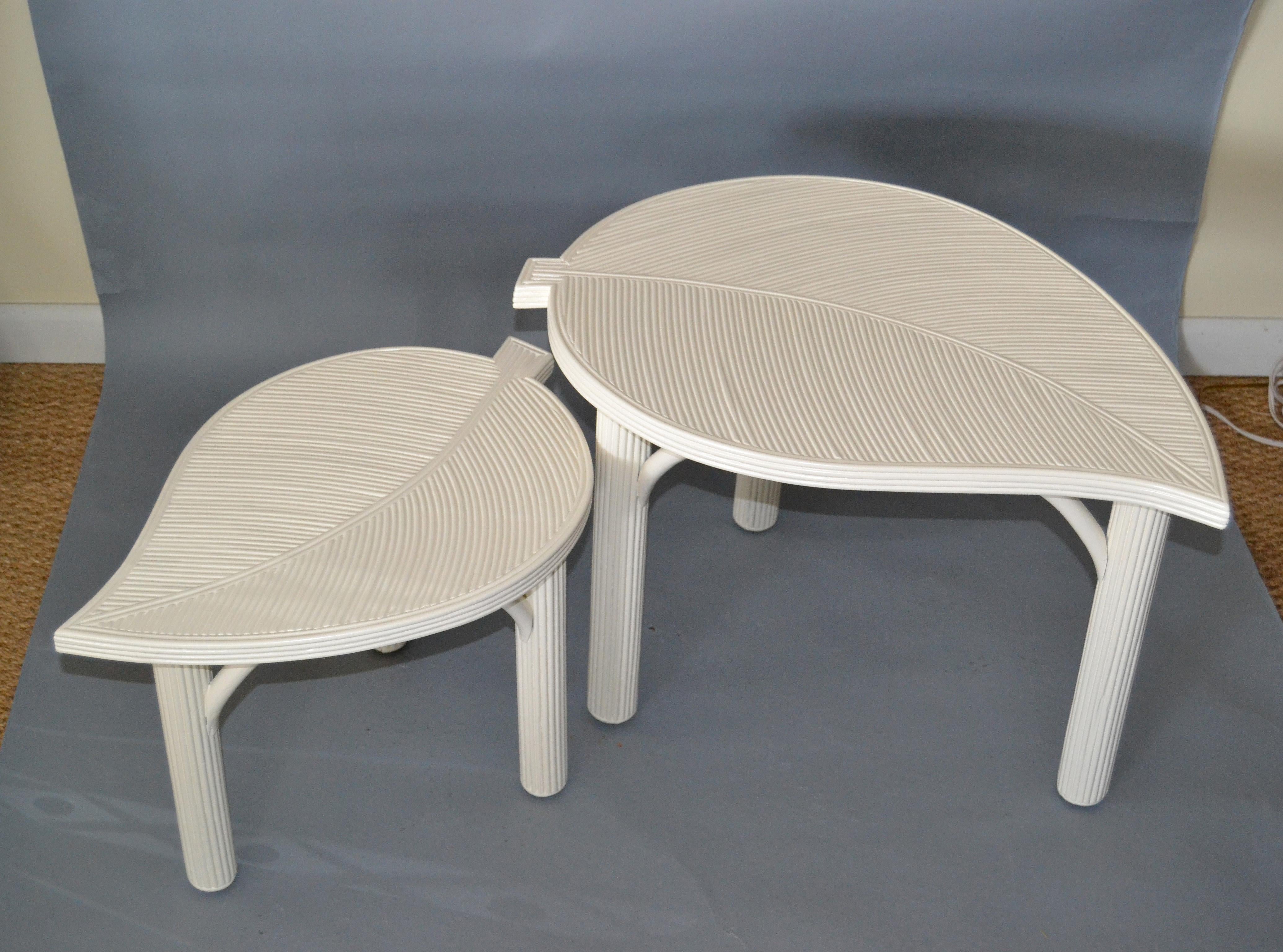 Hand-Crafted Hollywood Regency Two Decorative Leaf Shaped Bamboo and Pencil Reed Side Tables